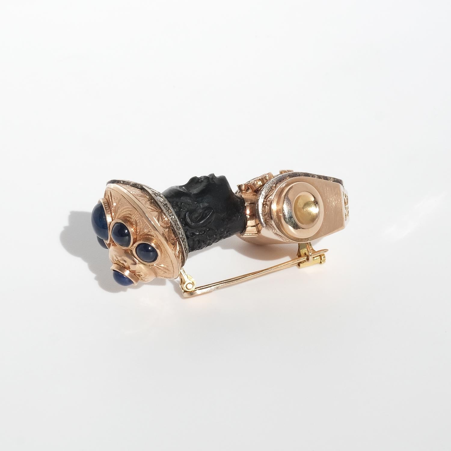 14K Gold, Ebony, Sapphires, Rubies and Diamonds Brooch 4