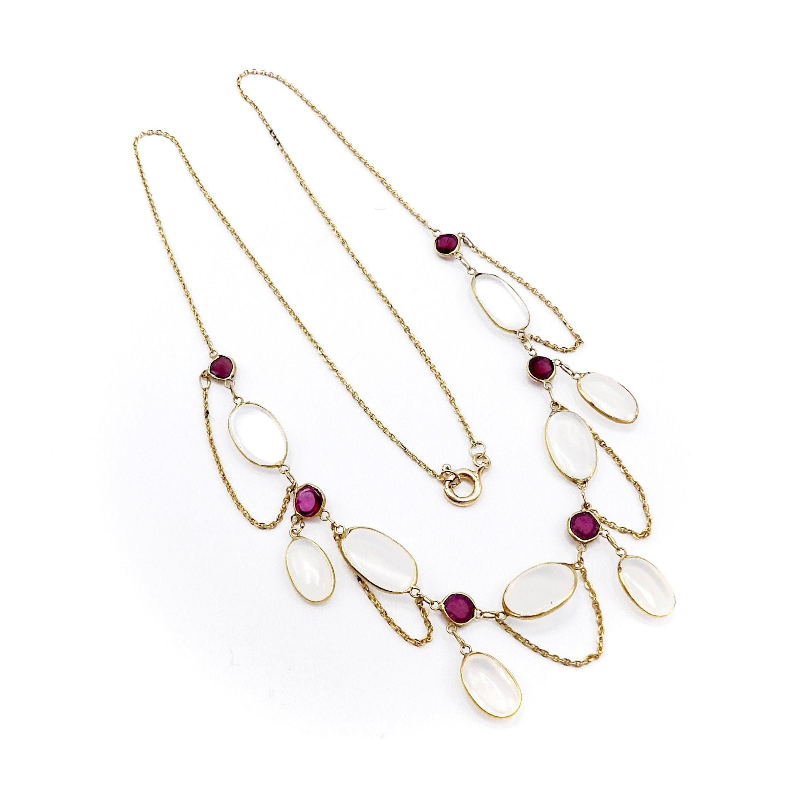 14K Gold Edwardian Festoon Moonstone and Garnet Necklace In Good Condition For Sale In Venice, CA