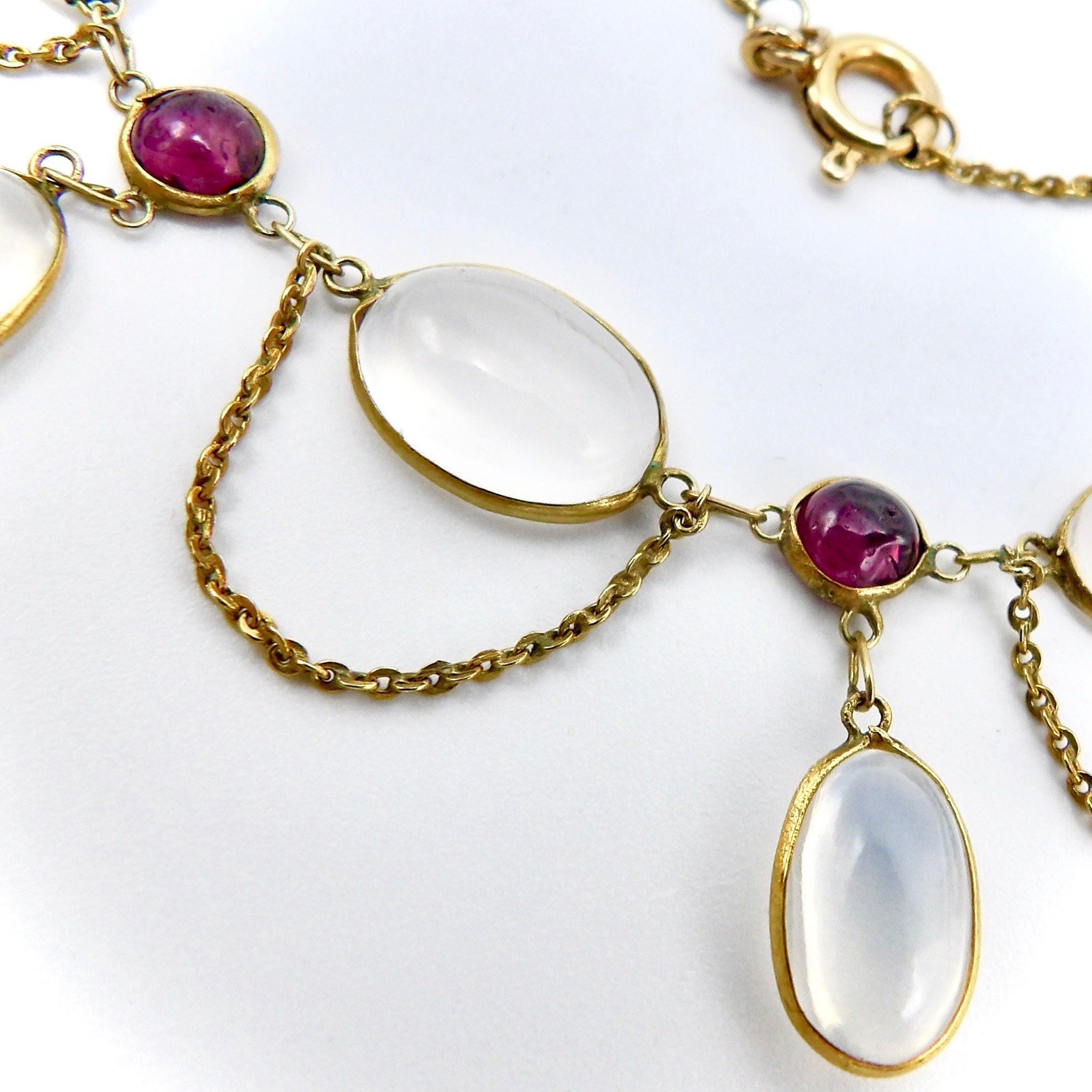Women's 14K Gold Edwardian Festoon Moonstone and Garnet Necklace For Sale