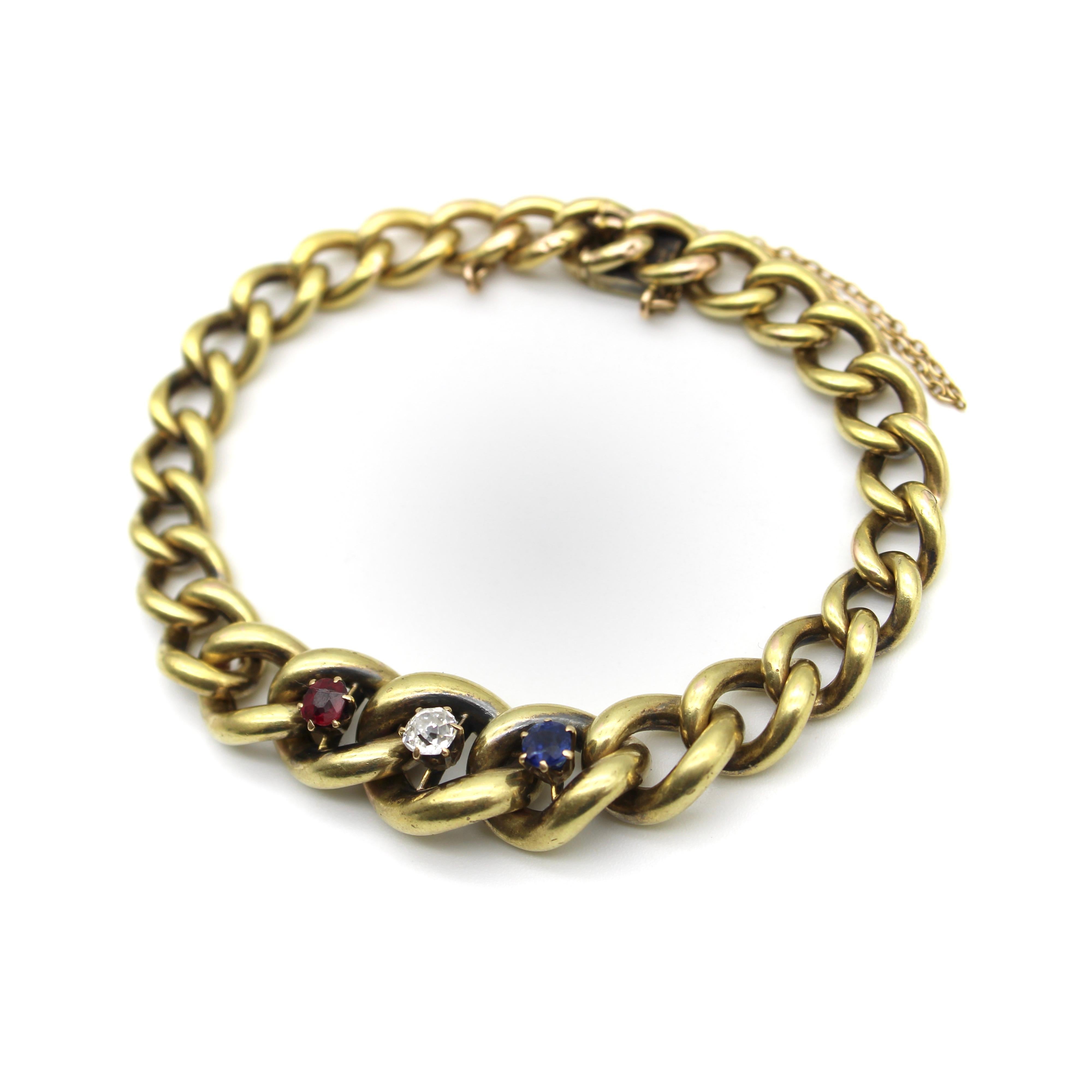 Old Mine Cut 14K Gold Edwardian Graduated Curb Link Bracelet with Ruby, Diamond & Sapphire For Sale
