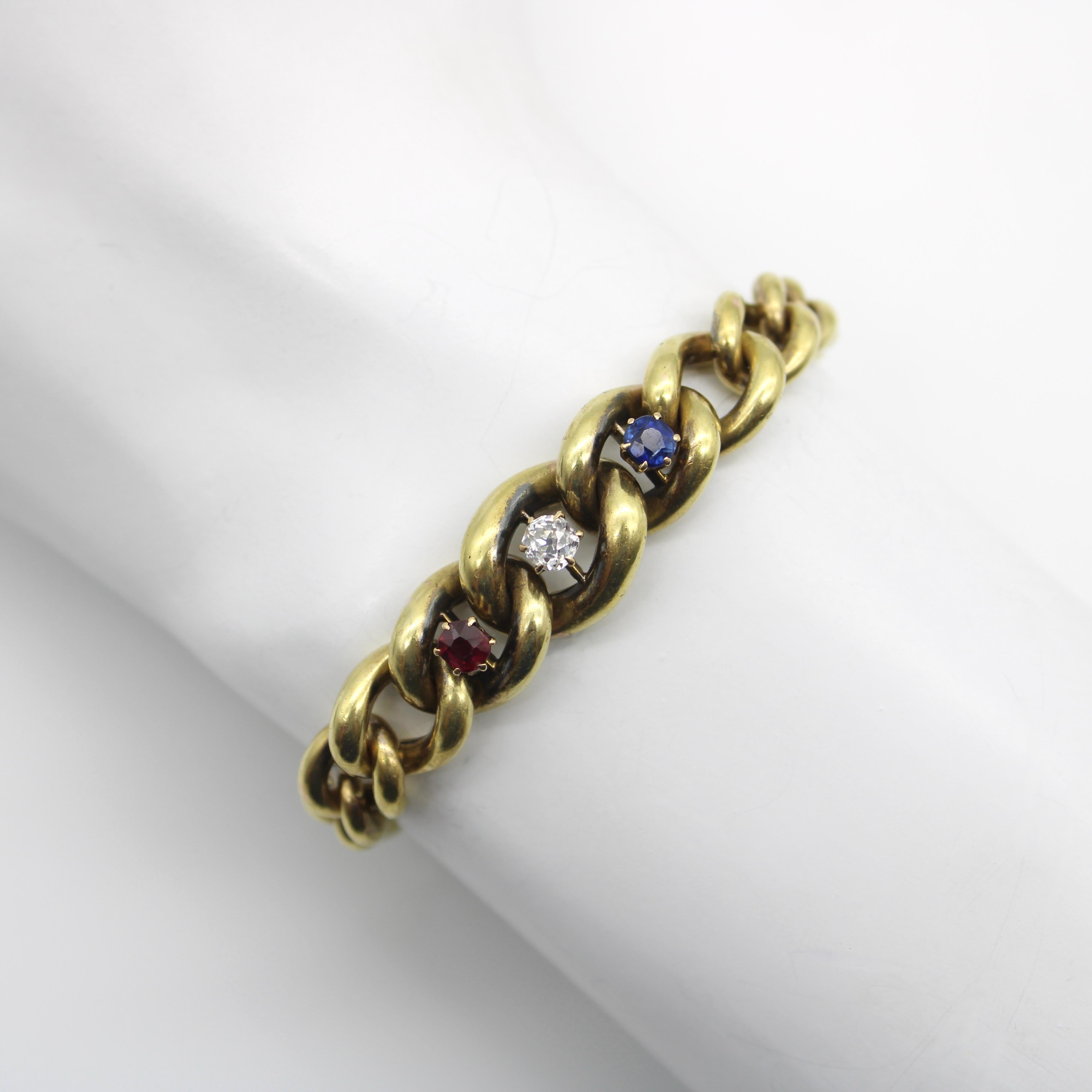 Taille vieille mine Bracelet à maillons gradués édouardien en or 14 carats avec rubis, diamants et saphirs en vente
