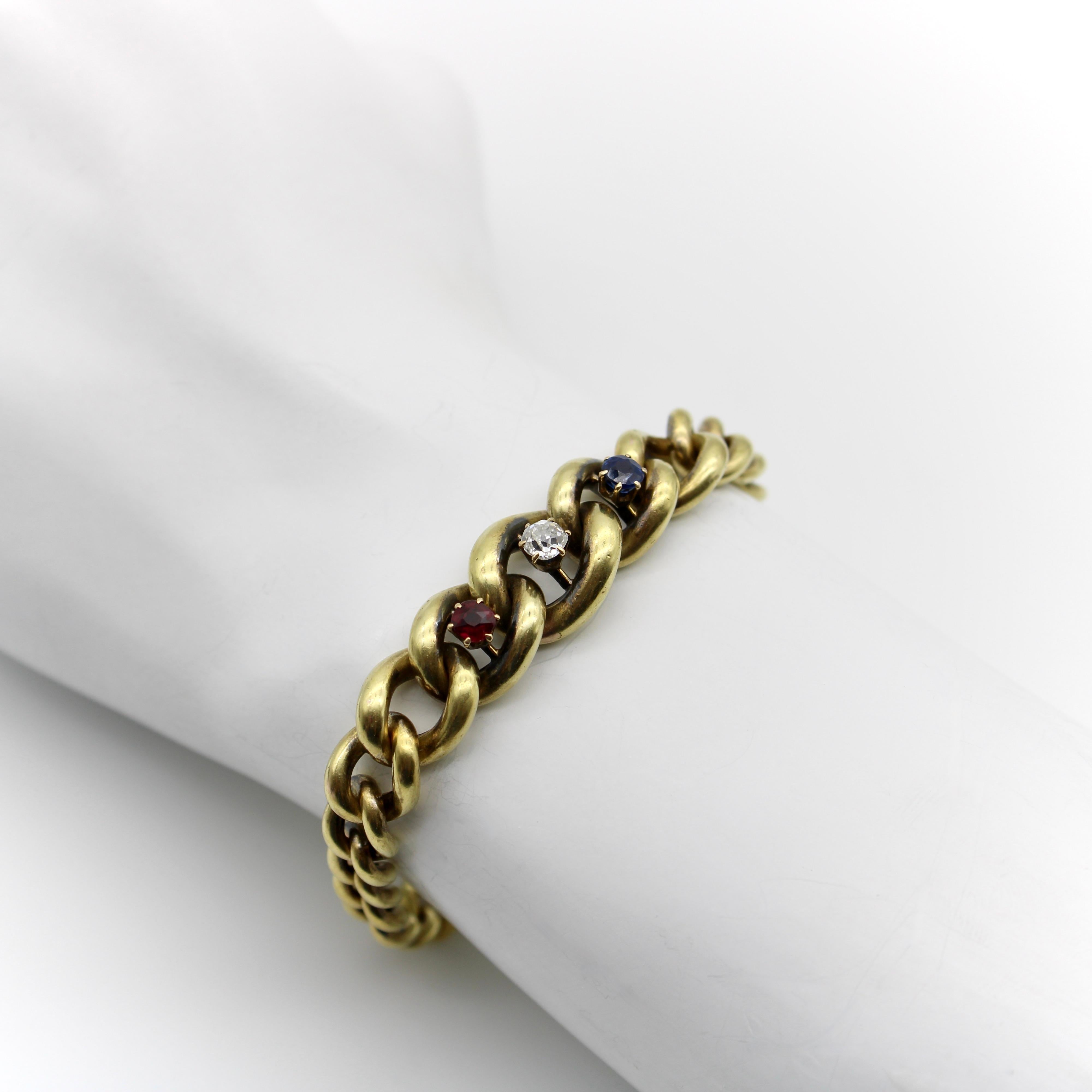 Women's 14K Gold Edwardian Graduated Curb Link Bracelet with Ruby, Diamond & Sapphire For Sale