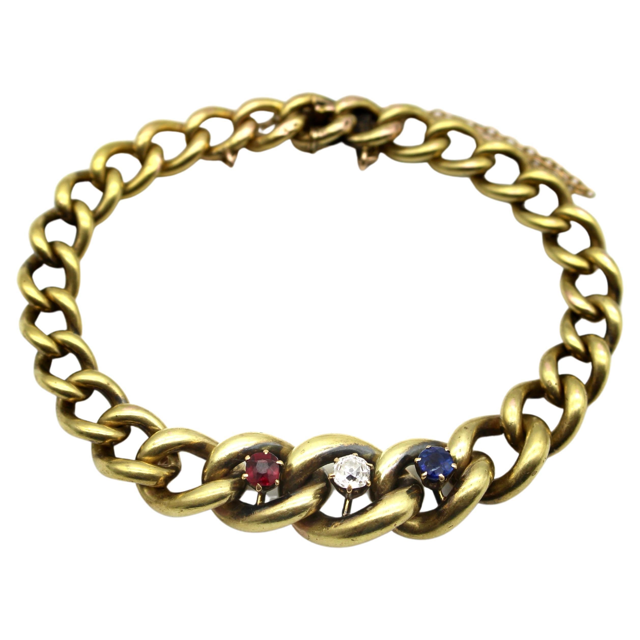 14K Gold Edwardian Graduated Curb Link Bracelet with Ruby, Diamond & Sapphire For Sale