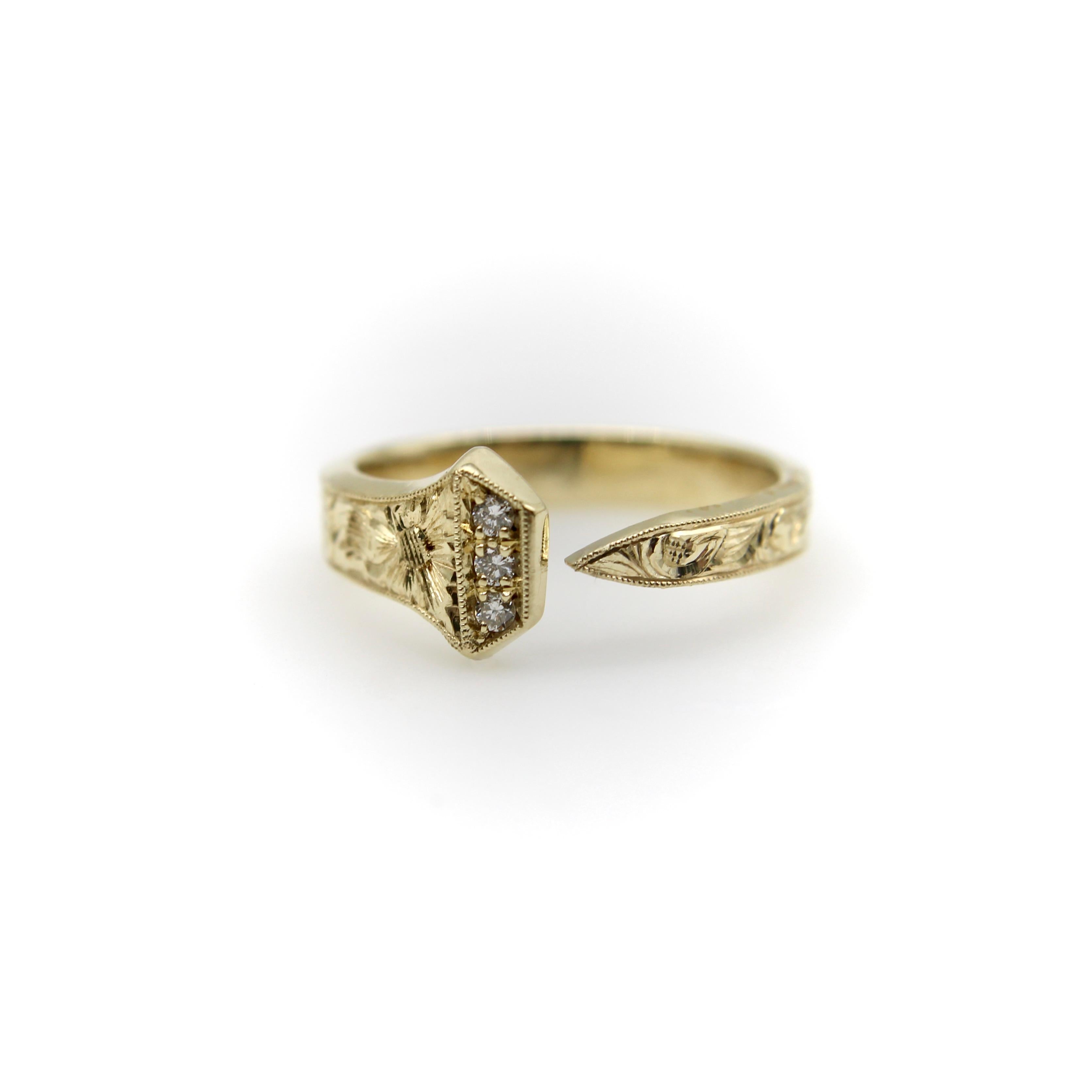 Contemporary 14K Gold Edwardian-Inspired Hand Engraved Nail Ring with Diamonds and Milgrain For Sale