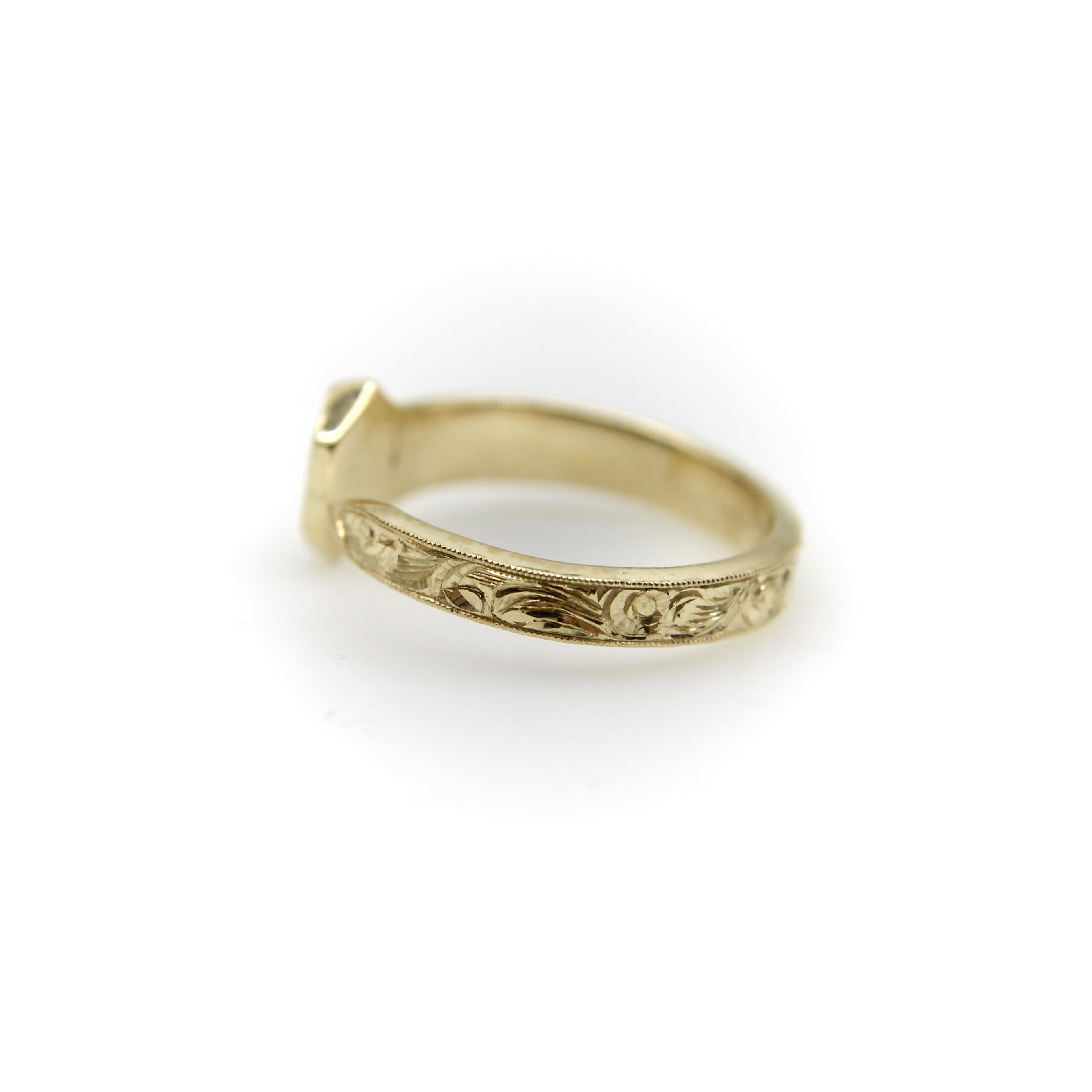 Round Cut 14K Gold Edwardian-Inspired Hand Engraved Nail Ring with Diamonds and Milgrain For Sale