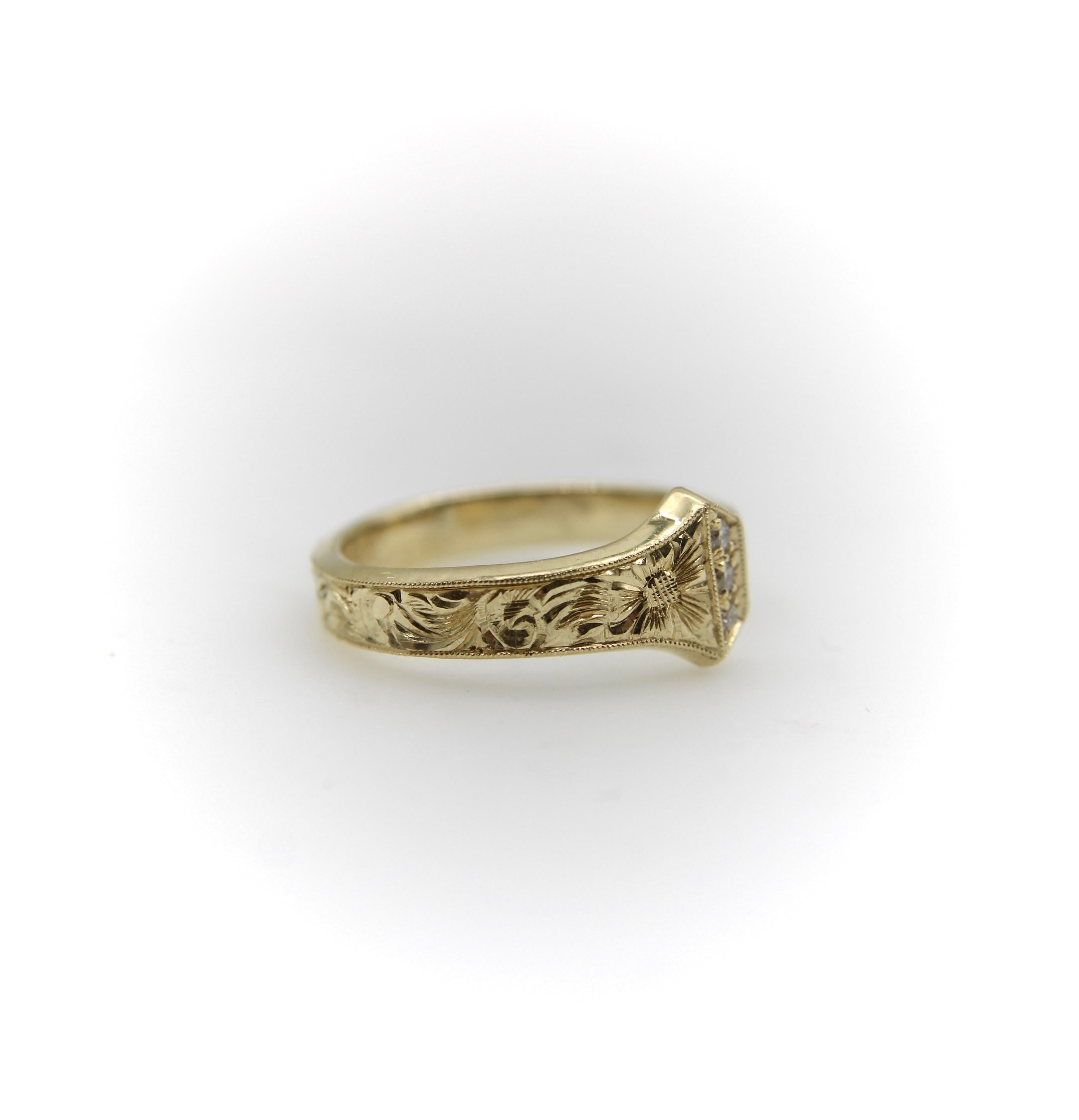 Women's or Men's 14K Gold Edwardian-Inspired Hand Engraved Nail Ring with Diamonds and Milgrain For Sale