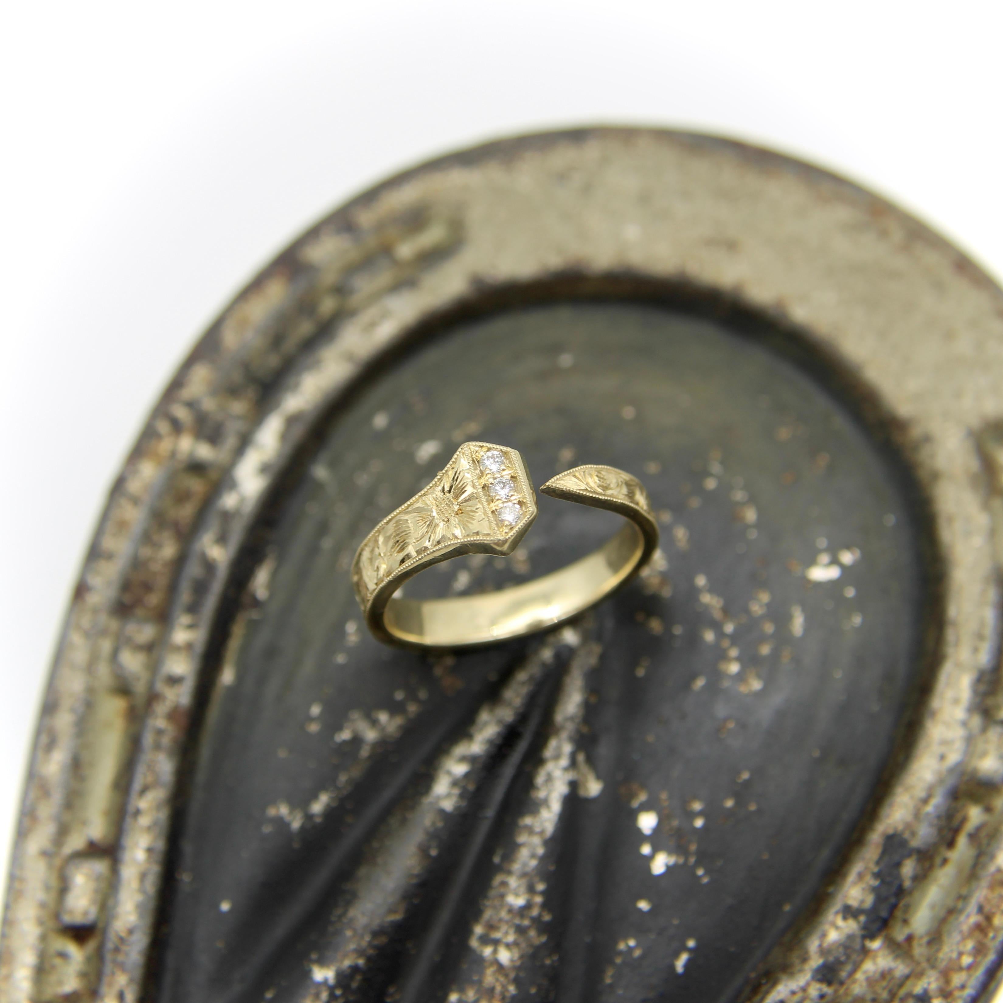 14K Gold Edwardian-Inspired Hand Engraved Nail Ring with Diamonds and Milgrain For Sale 2