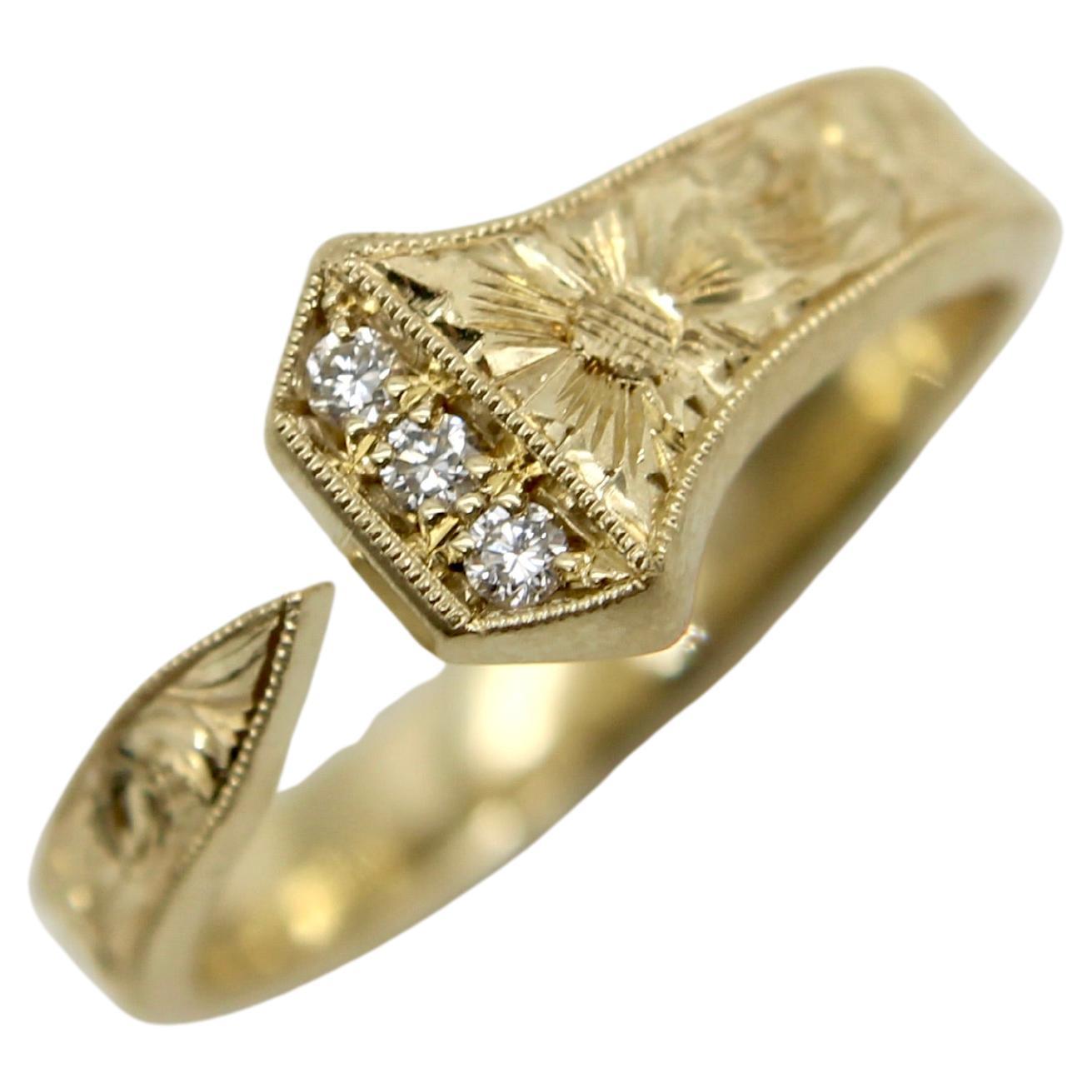14K Gold Edwardian-Inspired Hand Engraved Nail Ring with Diamonds and Milgrain For Sale