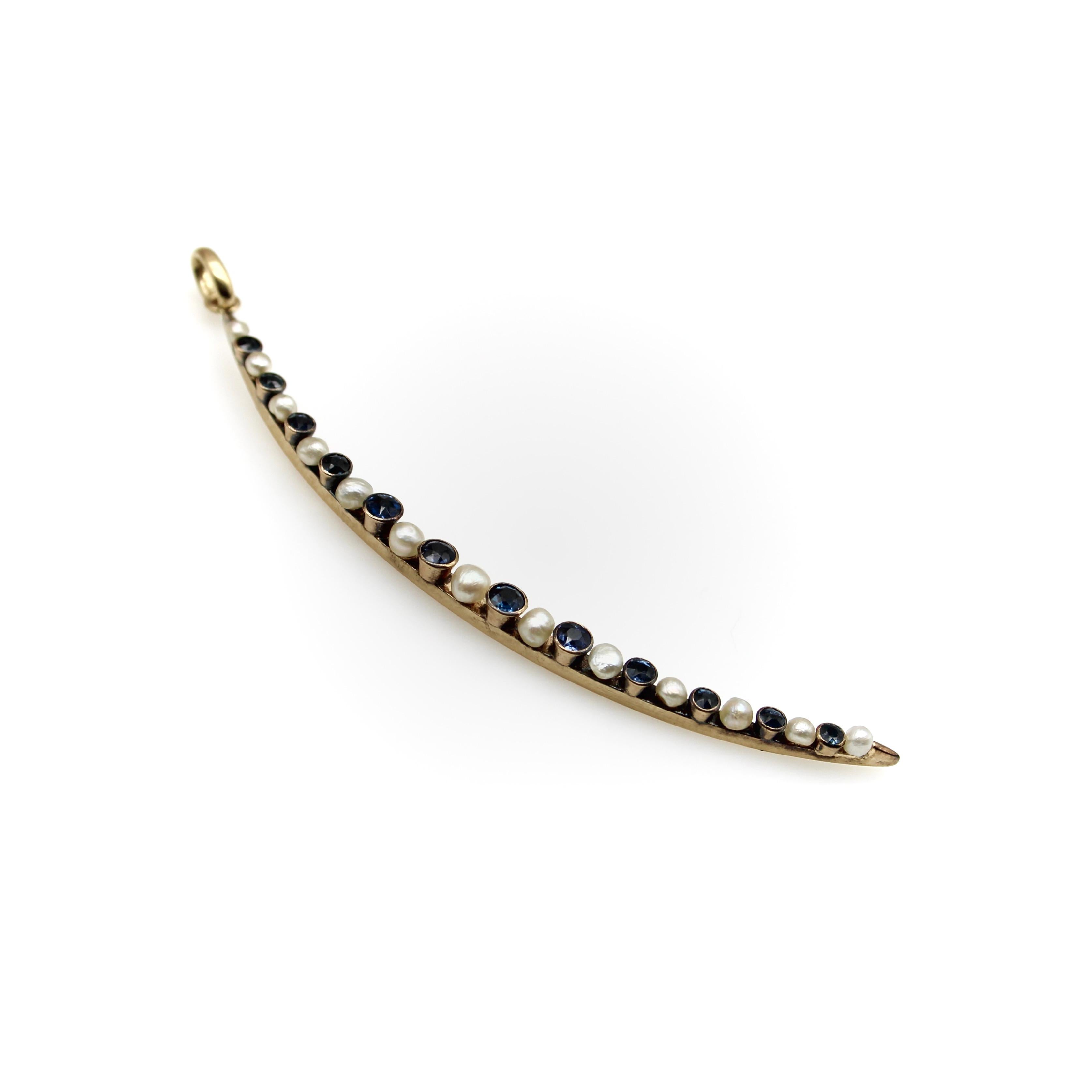 14K Gold Edwardian Pearl and Sapphire Crescent Moon Pendant  For Sale 1