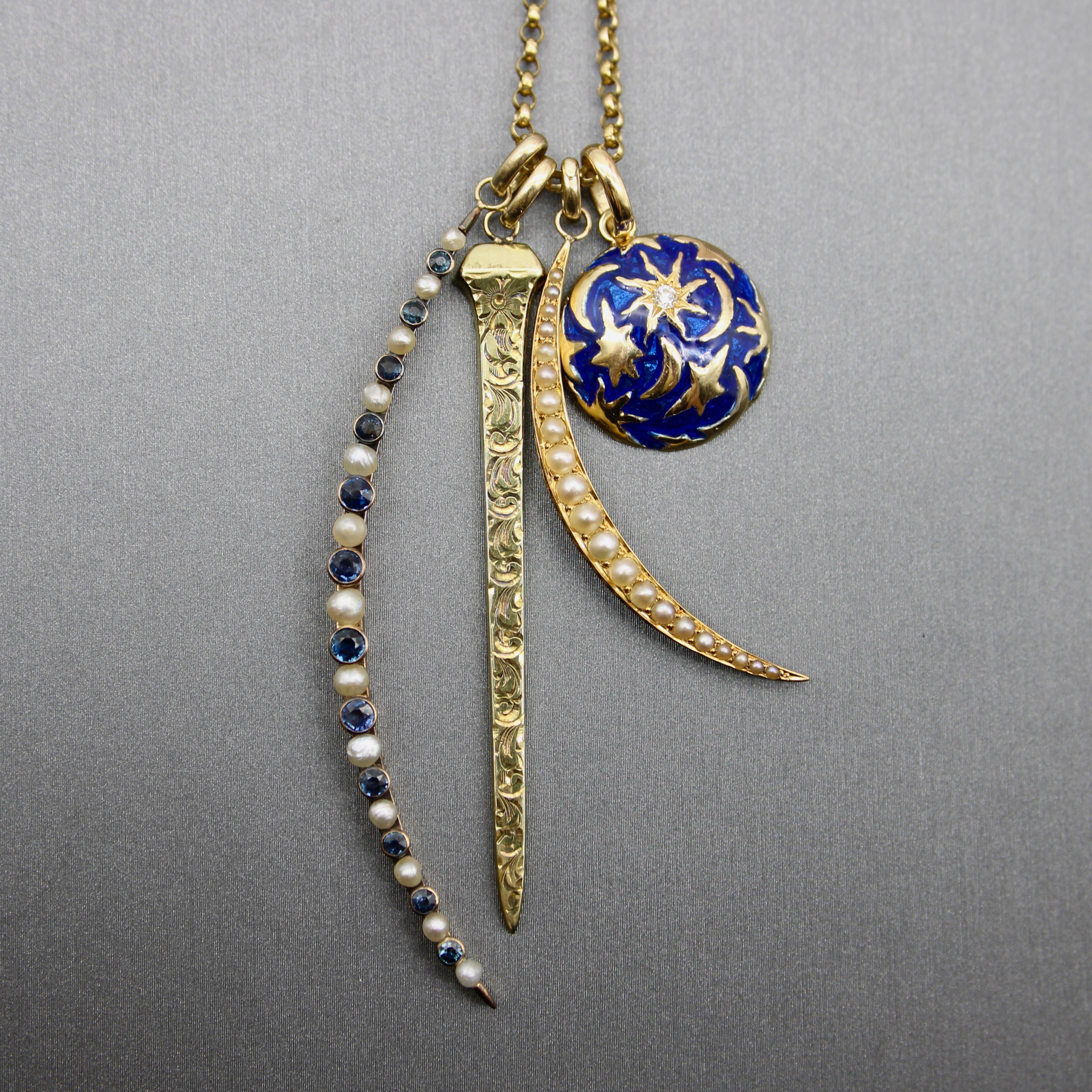 14K Gold Edwardian Pearl and Sapphire Crescent Moon Pendant  For Sale 2