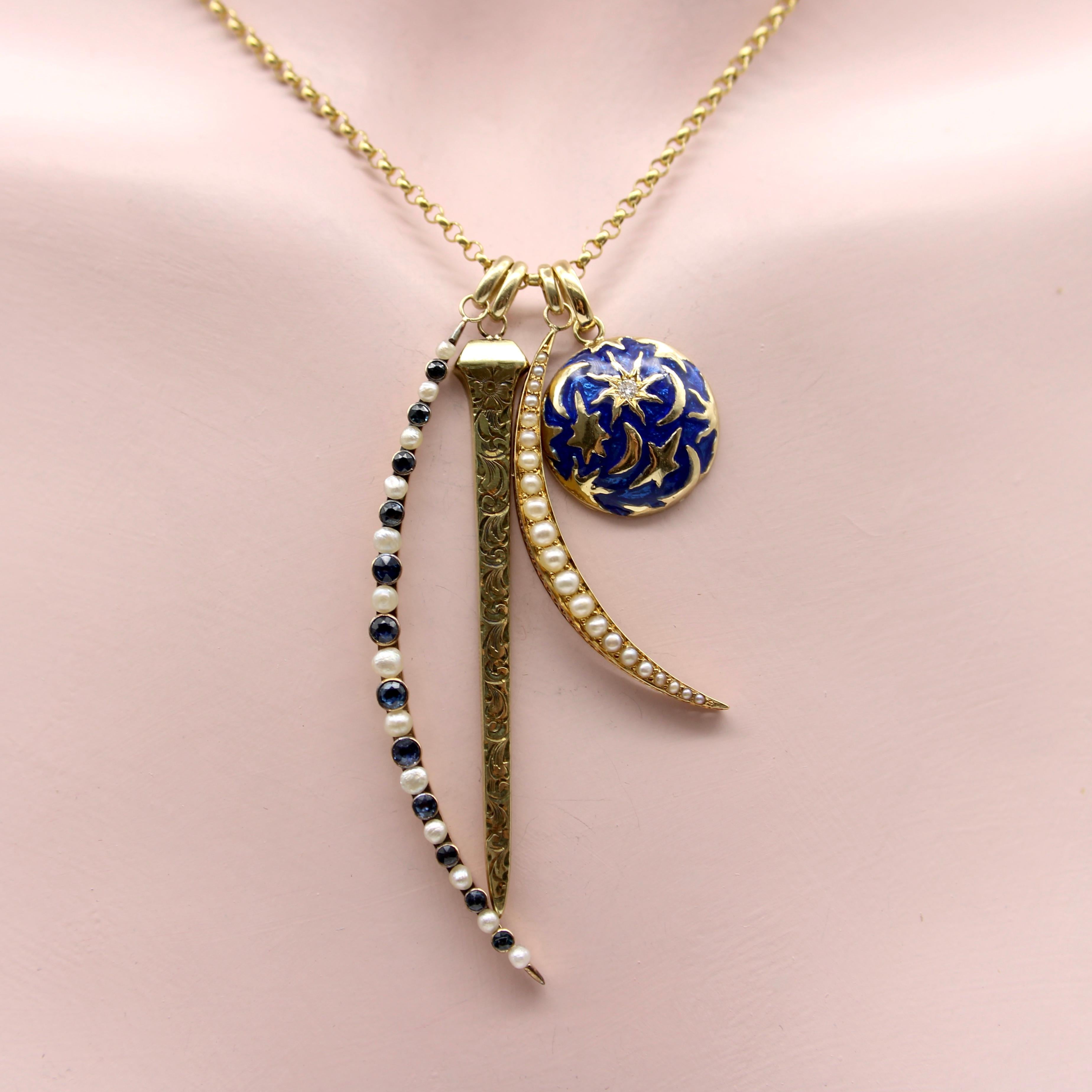 14K Gold Edwardian Pearl and Sapphire Crescent Moon Pendant  3