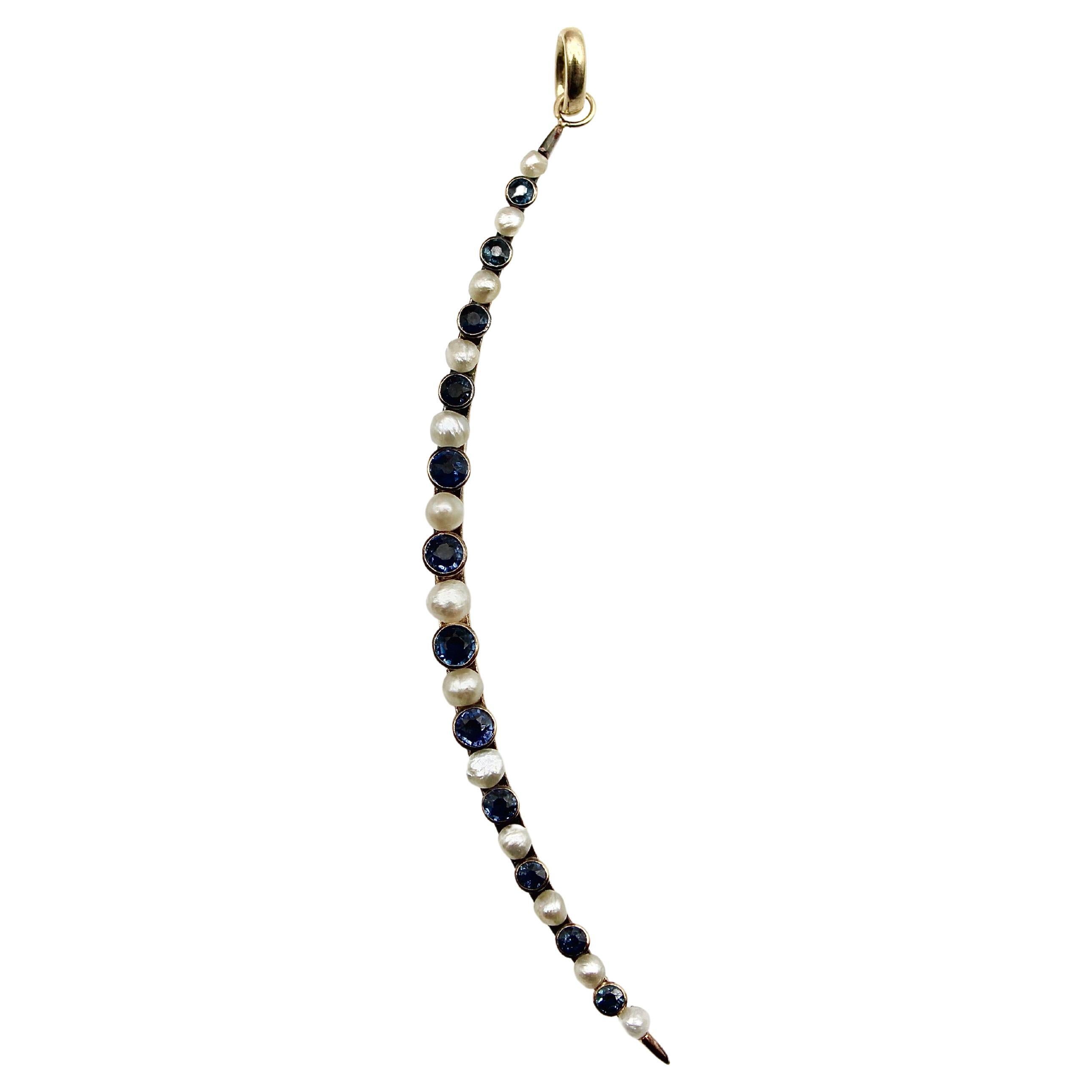 14K Gold Edwardian Pearl and Sapphire Crescent Moon Pendant  For Sale
