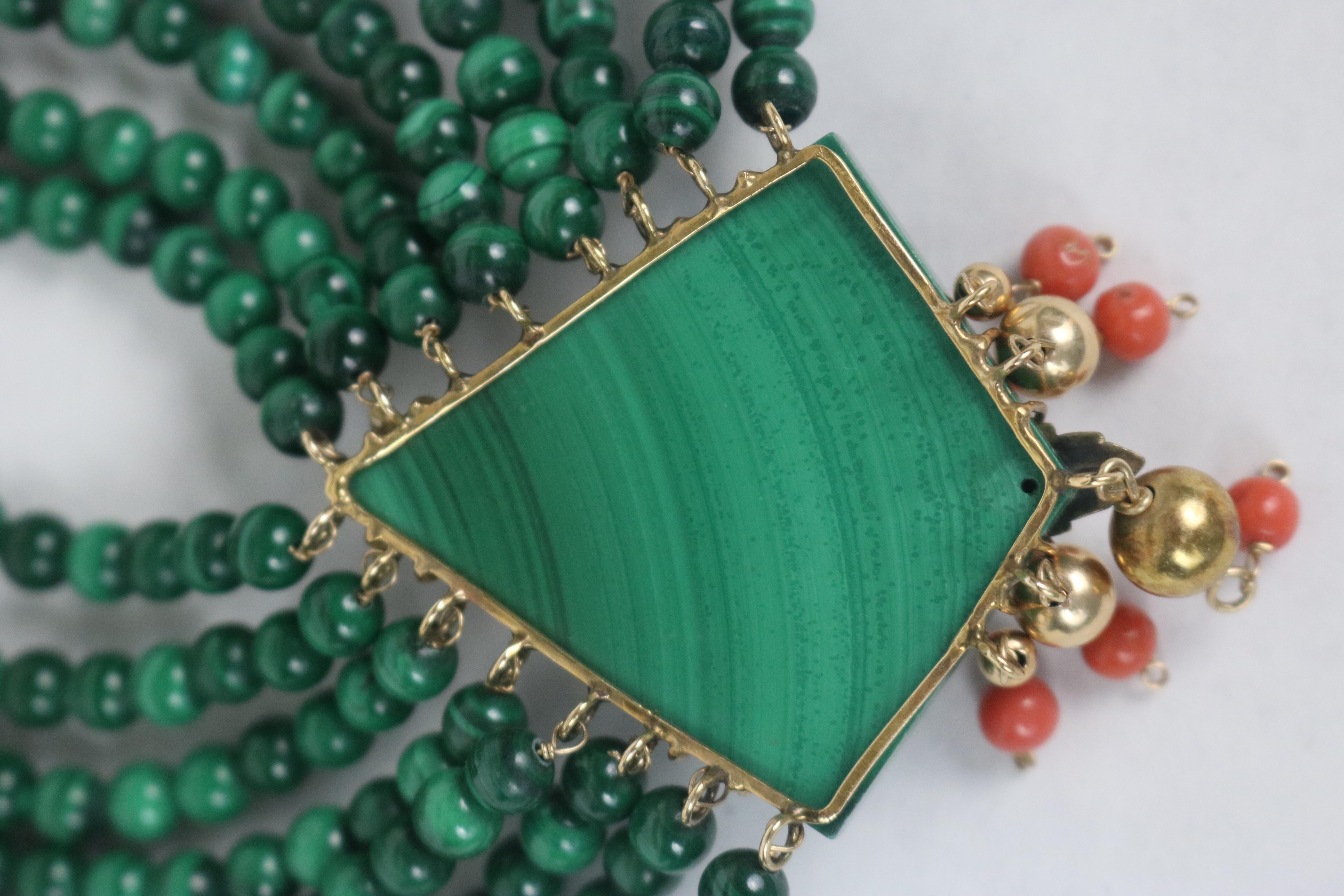 14K Gold Eight Strand Malachite Diamond, Coral Collar Necklace- Stunning In Good Condition For Sale In West Palm Beach, FL