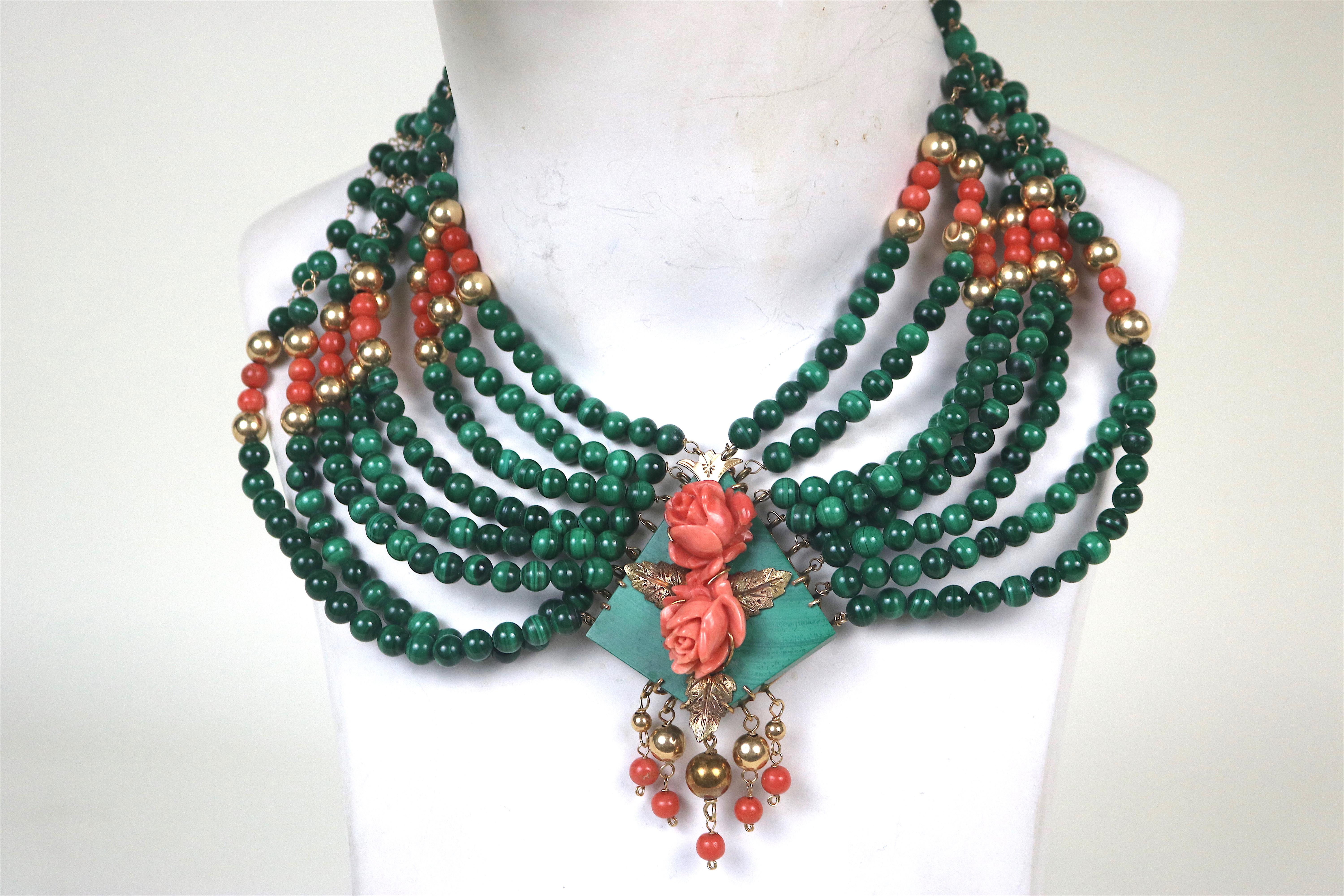 Women's 14K Gold Eight Strand Malachite Diamond, Coral Collar Necklace- Stunning For Sale