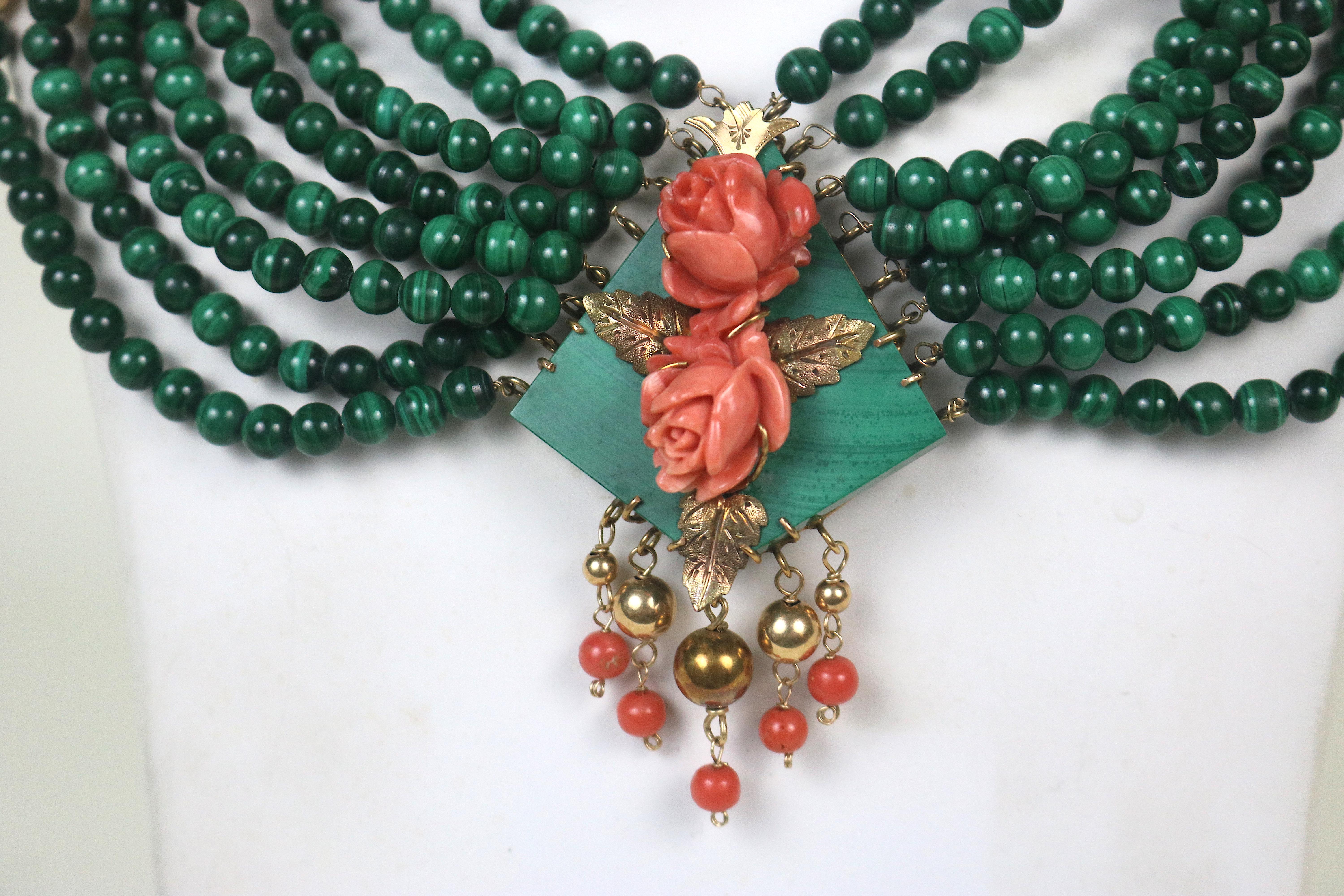 14K Gold Eight Strand Malachite Diamond, Coral Collar Necklace- Stunning For Sale 1