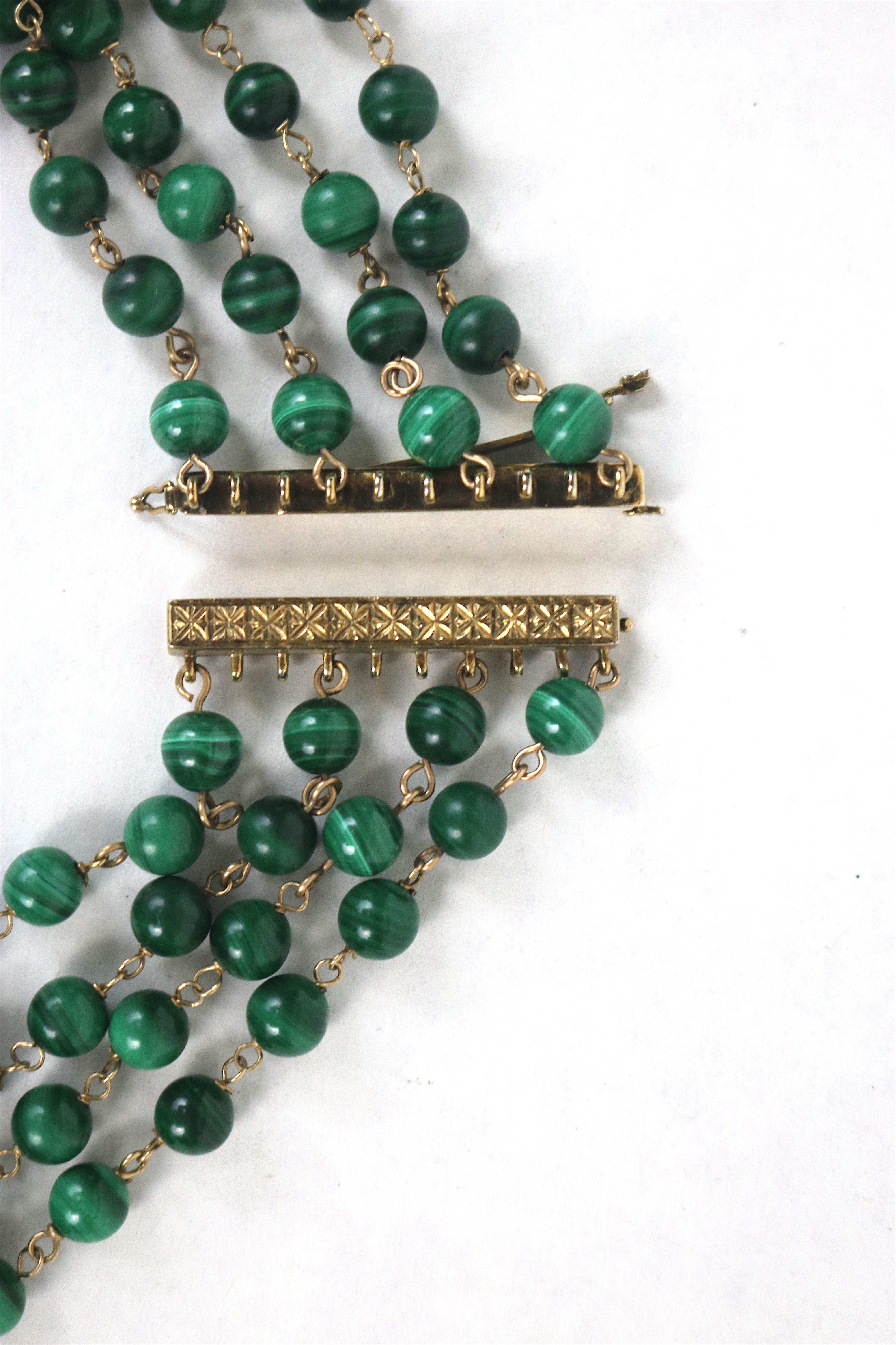 14K Gold Eight Strand Malachite Diamond, Coral Collar Necklace- Stunning For Sale 2