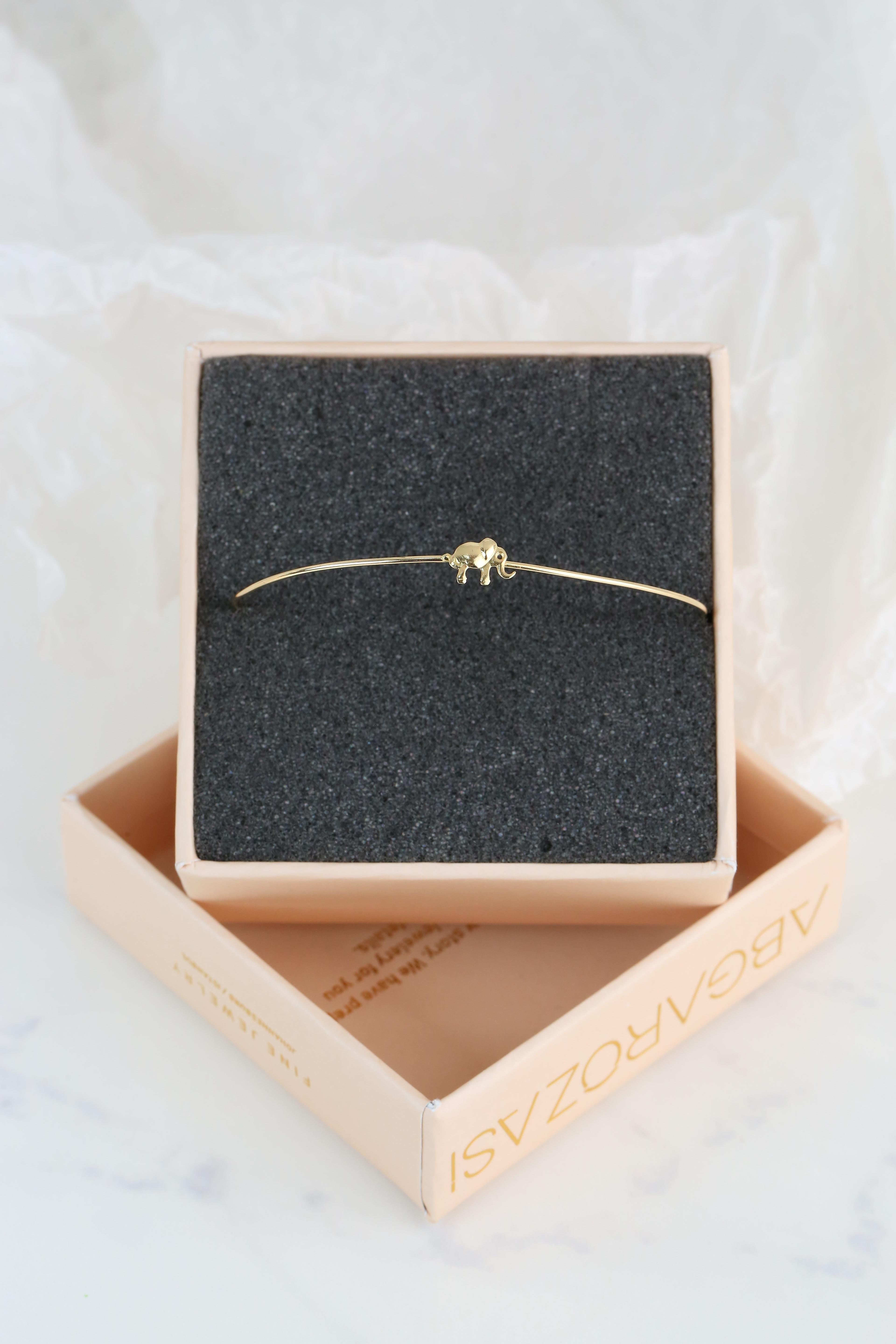 Contemporary 14K Gold Elephant Charm Dainty Cuff Bracelet