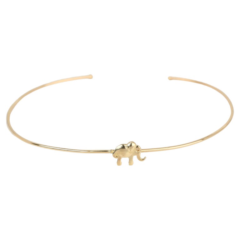 14K Gold Elephant Charm Dainty Cuff Bracelet For Sale