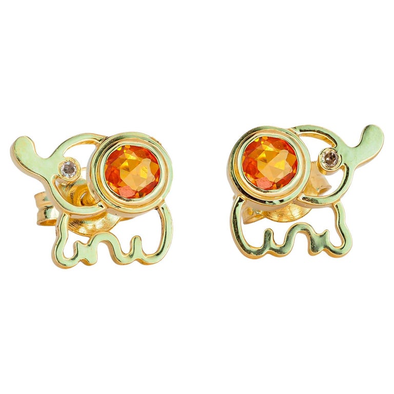 14k Gold Elephant Earrings Studs with Yellow Sapphires For Sale