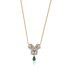 14K Gold Elephant Pendant Necklace with 4.35 Ct Emerald & 2.39 Ct Diamonds