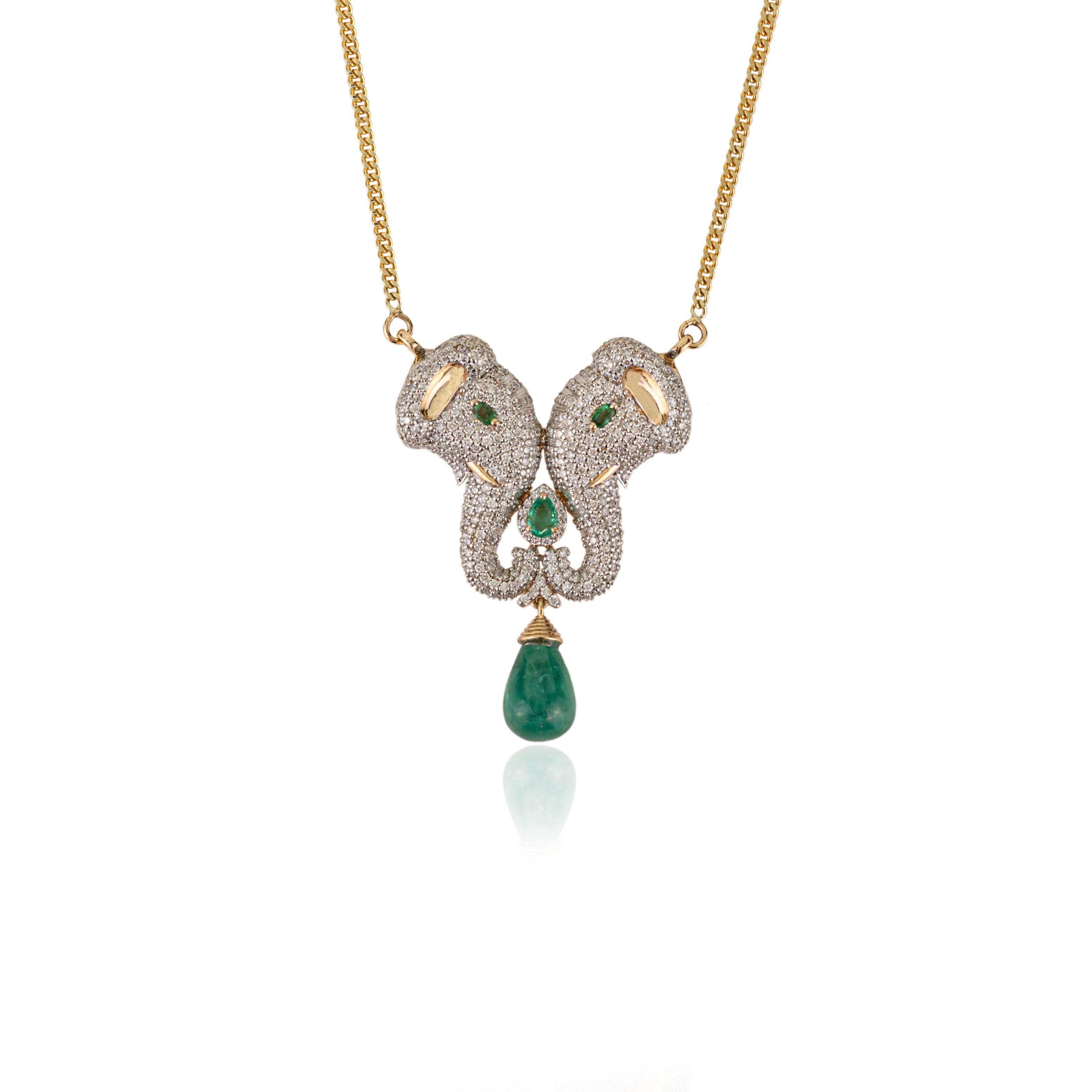 Collier pendentif éléphant en or 14K avec émeraude de 4,35 ct et diamants de 2,39 ct Neuf - En vente à New York, NY