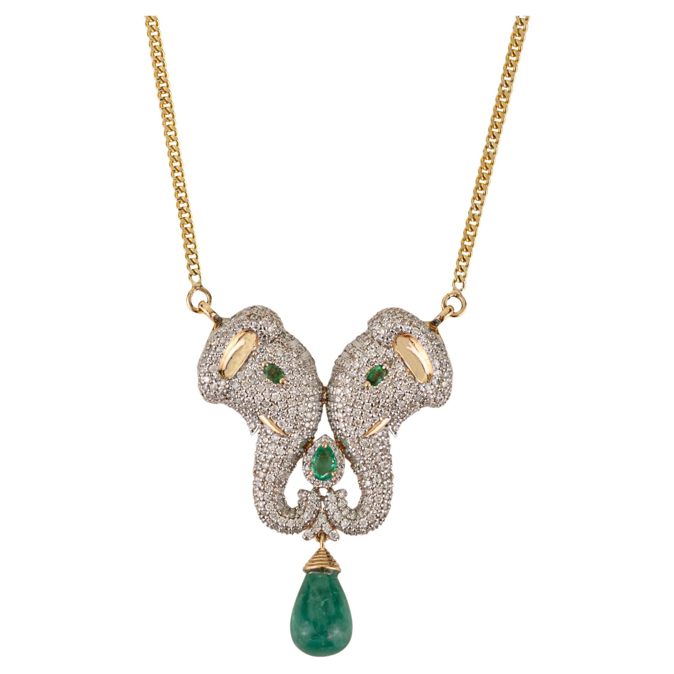 Collier pendentif éléphant en or 14K avec émeraude de 4,35 ct et diamants de 2,39 ct