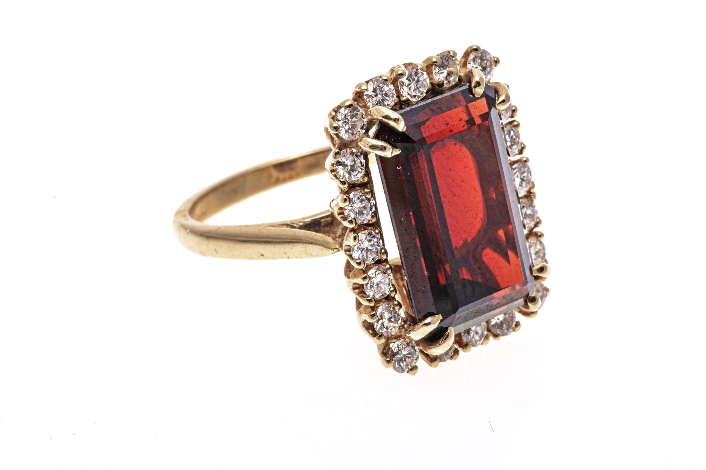 14k Gold Elongated Emerald Cut Garnet and Diamond Halo Ring, App. 7.43 Cts In Good Condition For Sale In Southport, CT