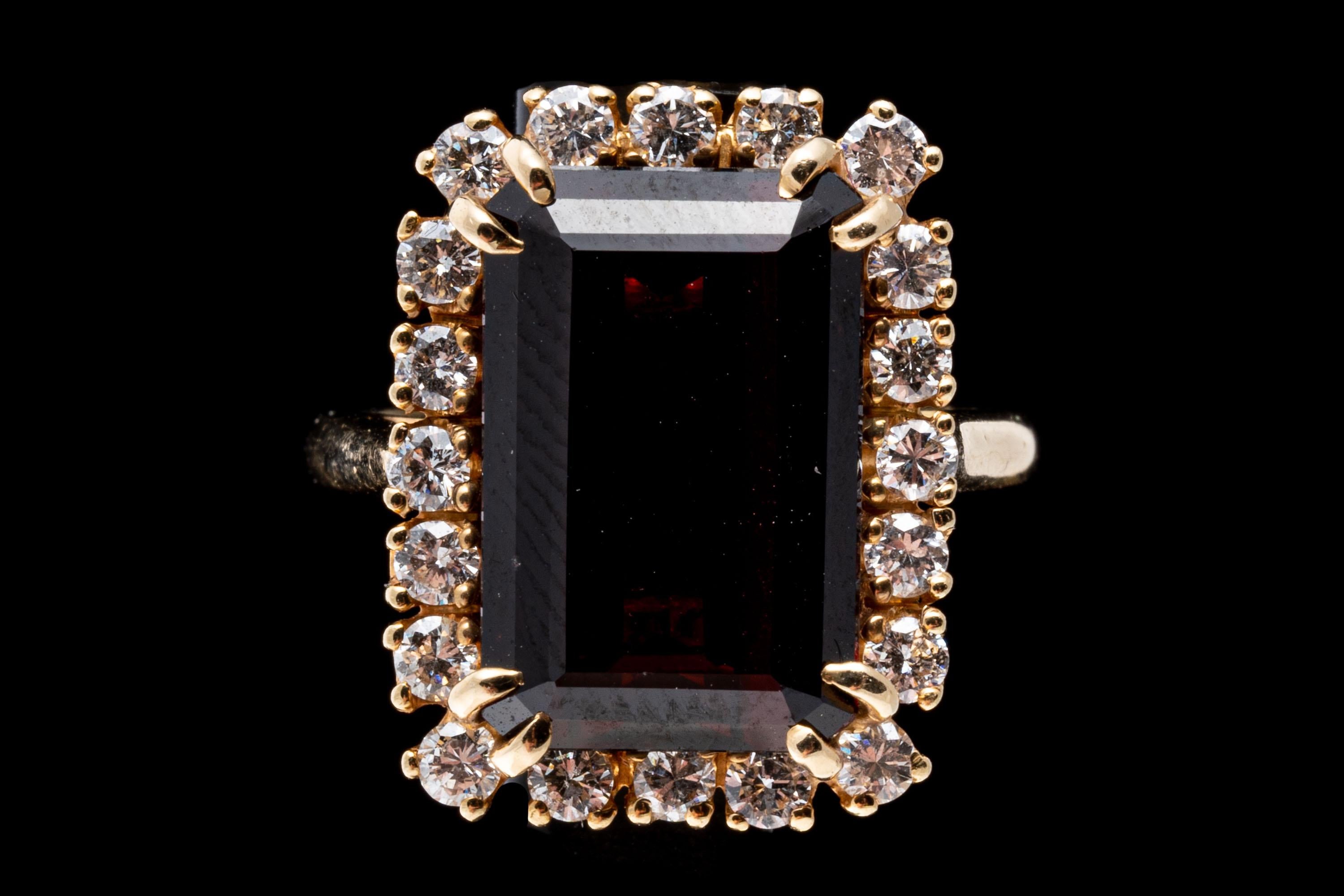 Women's 14k Gold Elongated Emerald Cut Garnet and Diamond Halo Ring, App. 7.43 Cts For Sale