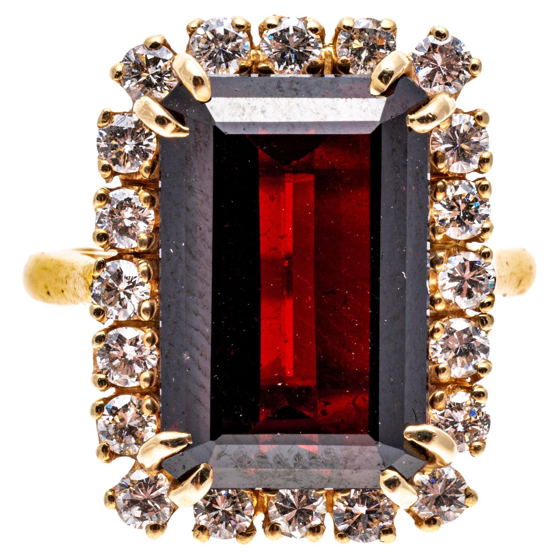 14k Gold Elongated Emerald Cut Garnet and Diamond Halo Ring, App. 7.43 Cts For Sale