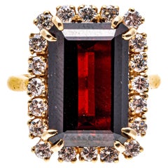 Vintage 14k Gold Elongated Emerald Cut Garnet and Diamond Halo Ring, App. 7.43 Cts