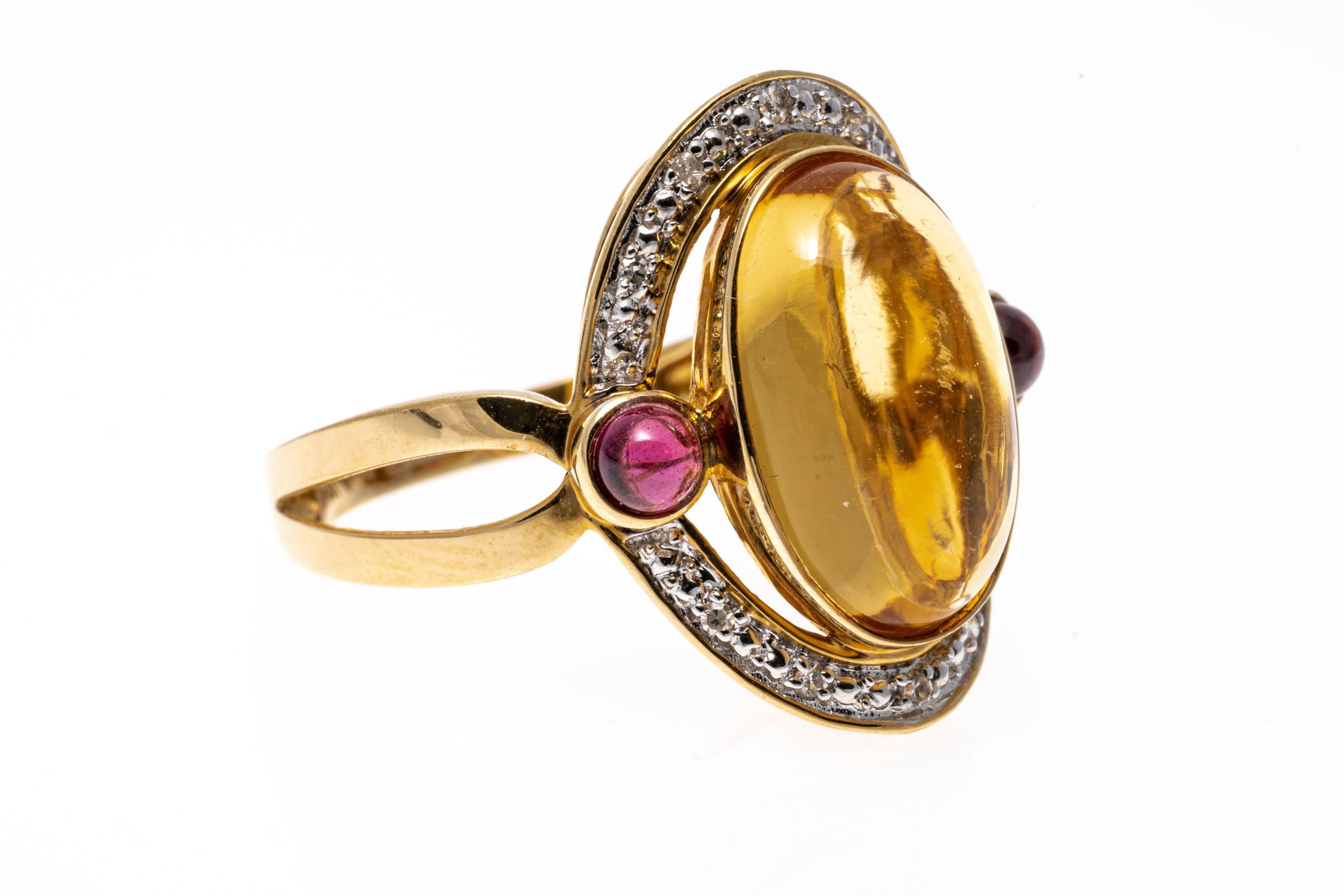 Ring aus 14 Karat Gold, länglicher heller Cabachon-Citrin und Rhodolith-Granat (Cabochon) im Angebot