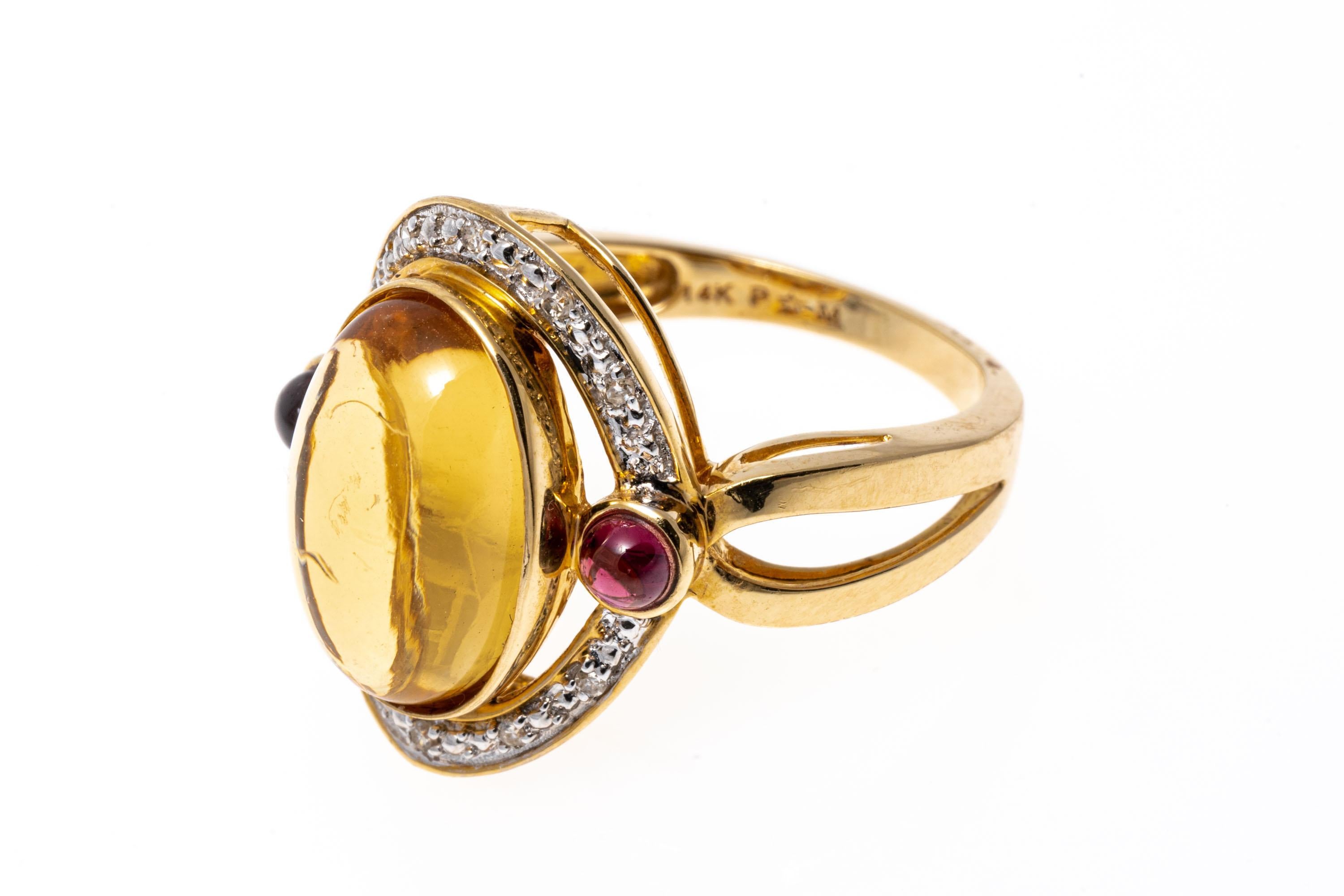 Cabochon 14k Gold Elongated Pale Cabachon Citrine and Rhodolite Garnet Ring For Sale