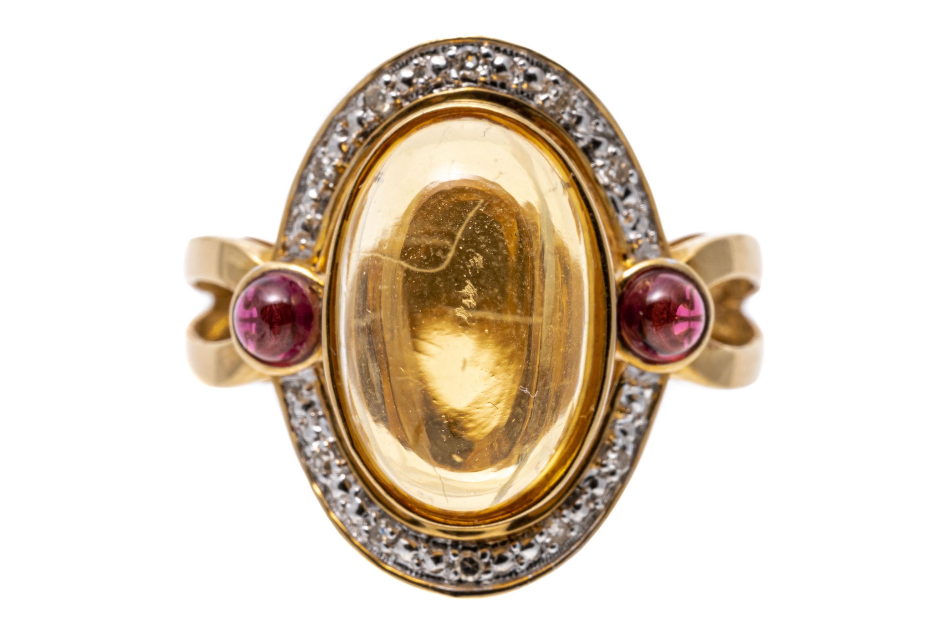Ring aus 14 Karat Gold, länglicher heller Cabachon-Citrin und Rhodolith-Granat im Angebot 2