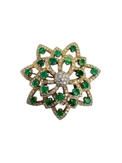14K Gold Emerald and Diamond Floral Brooch
