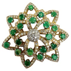 14K Gold Emerald and Diamond Floral Brooch