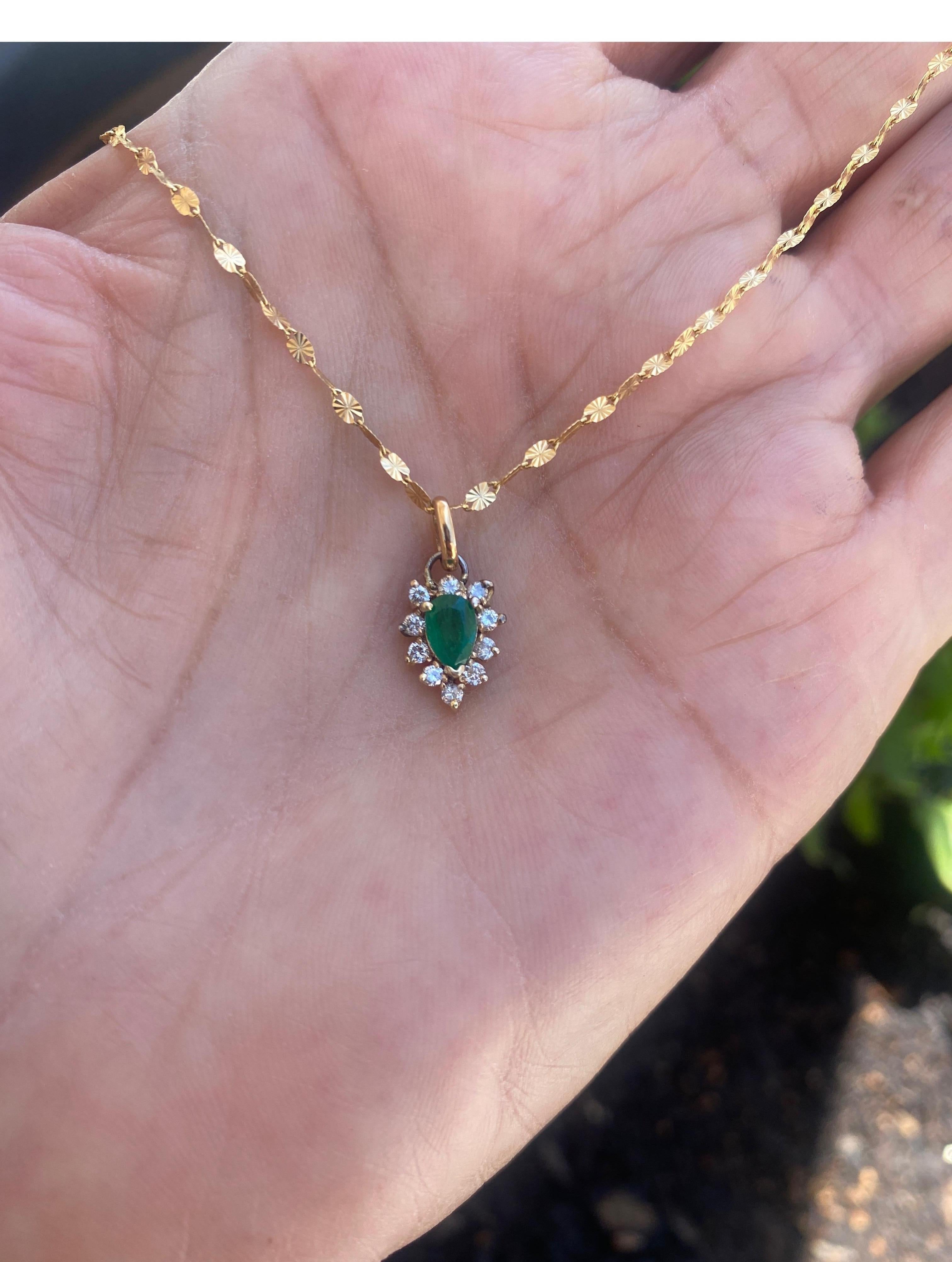 Pear Cut 14K Gold Emerald and Diamond Pendant .80 TCW
