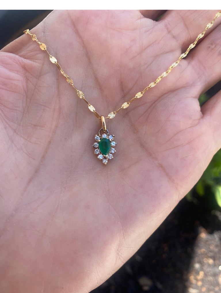 Pear Cut 14K Gold Emerald and Diamond Pendant .80 TCW For Sale