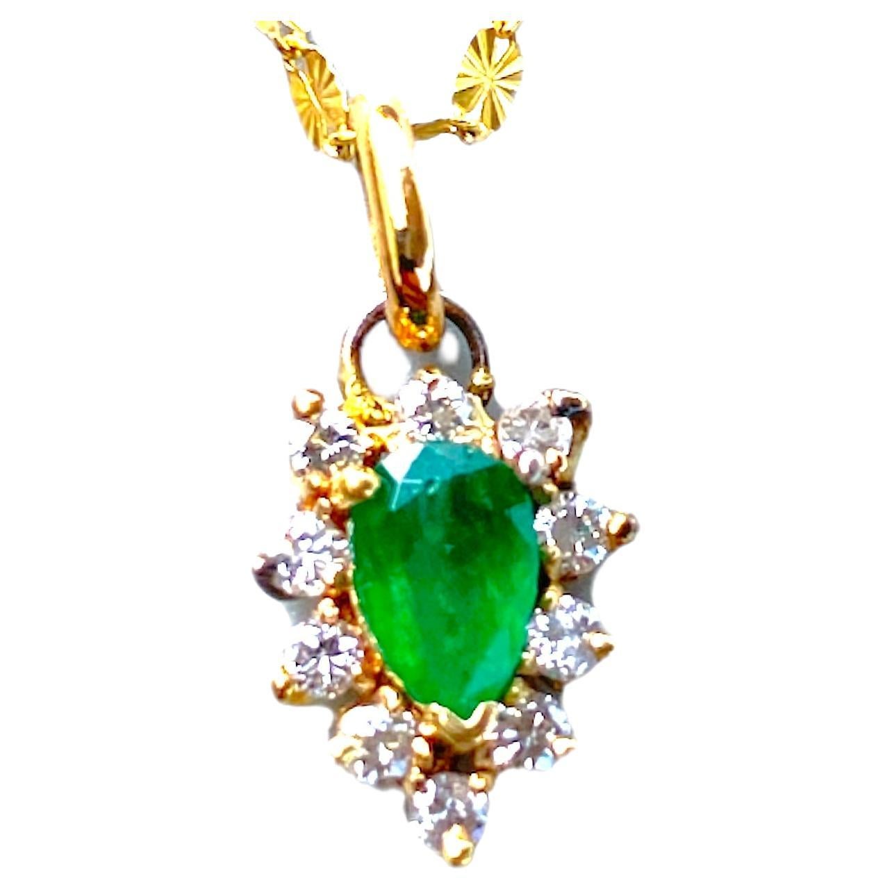 14K Gold Emerald and Diamond Pendant .80 TCW