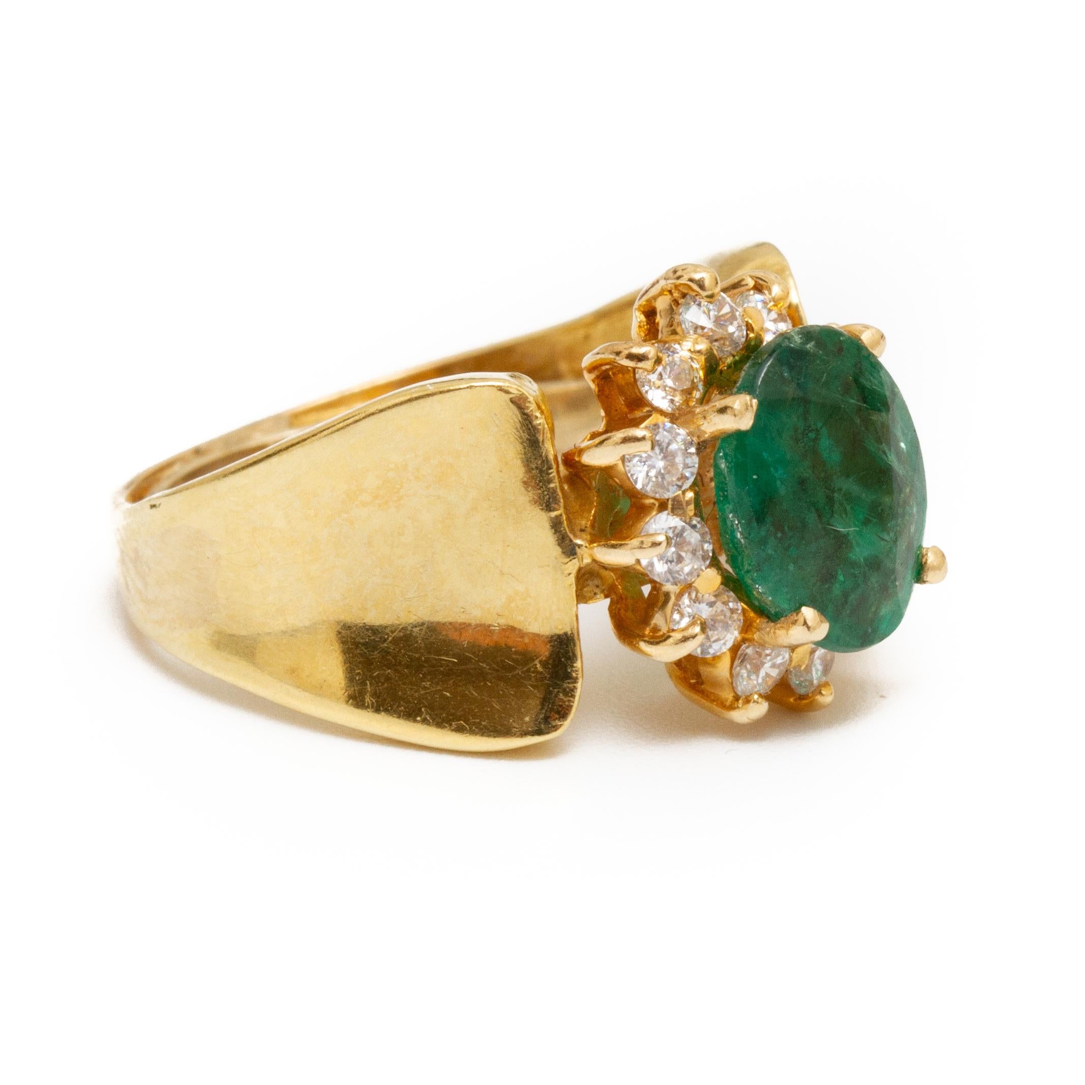 Emerald and diamond 14k gold ring size approx. 6. The ring has a stabilizer attached. Weighs approx. 3.6 dwt From the Broussard estate noted jewelry collection Park Avenue New York