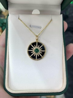 14K Gold Emerald Cabochon Starburst Pendant  Black Onyx & Diamond Medallion