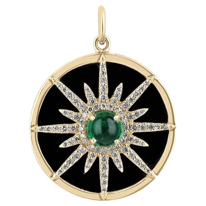 14K Gold Emerald Cabochon Starburst Pendant  Black Onyx & Diamond Medallion