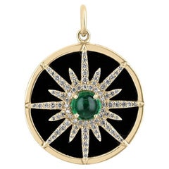 14K Gold Emerald Cabochon Starburst Pendant  Black Onyx & Diamond Medallion