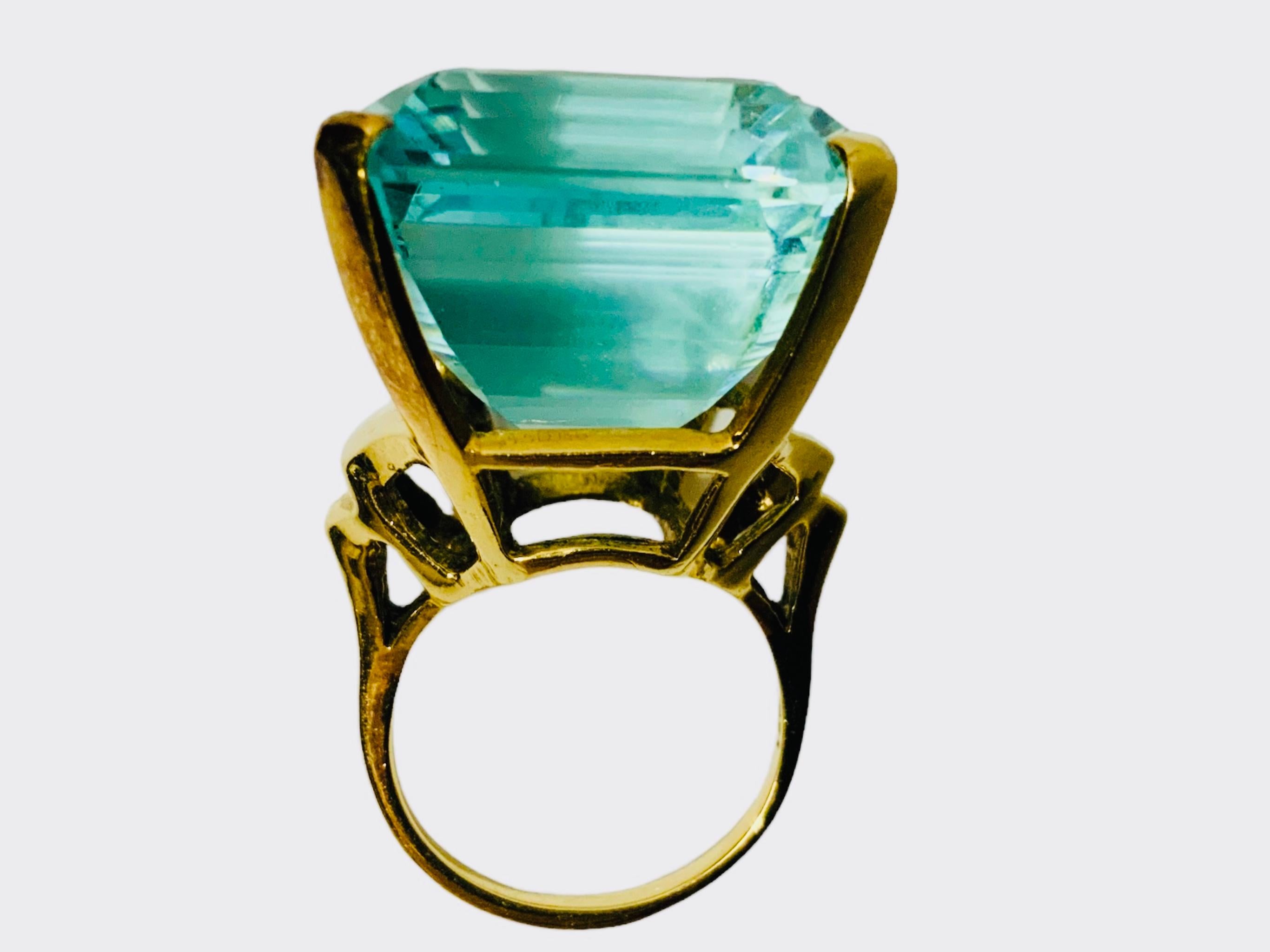 Women's or Men's 14K Gold Emerald Cut Aquamarine Cocktail Ring For Sale