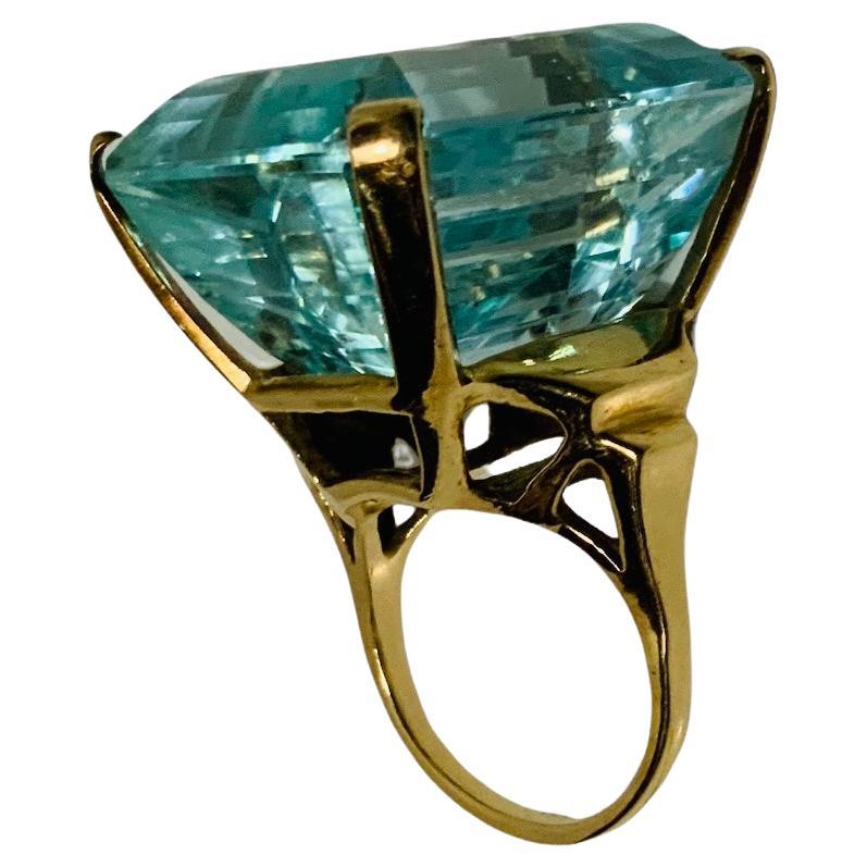 14K Gold Emerald Cut Aquamarine Cocktail Ring