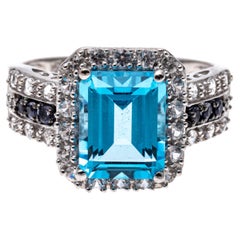14k White Gold Emerald Cut Blue and White Topaz Ring