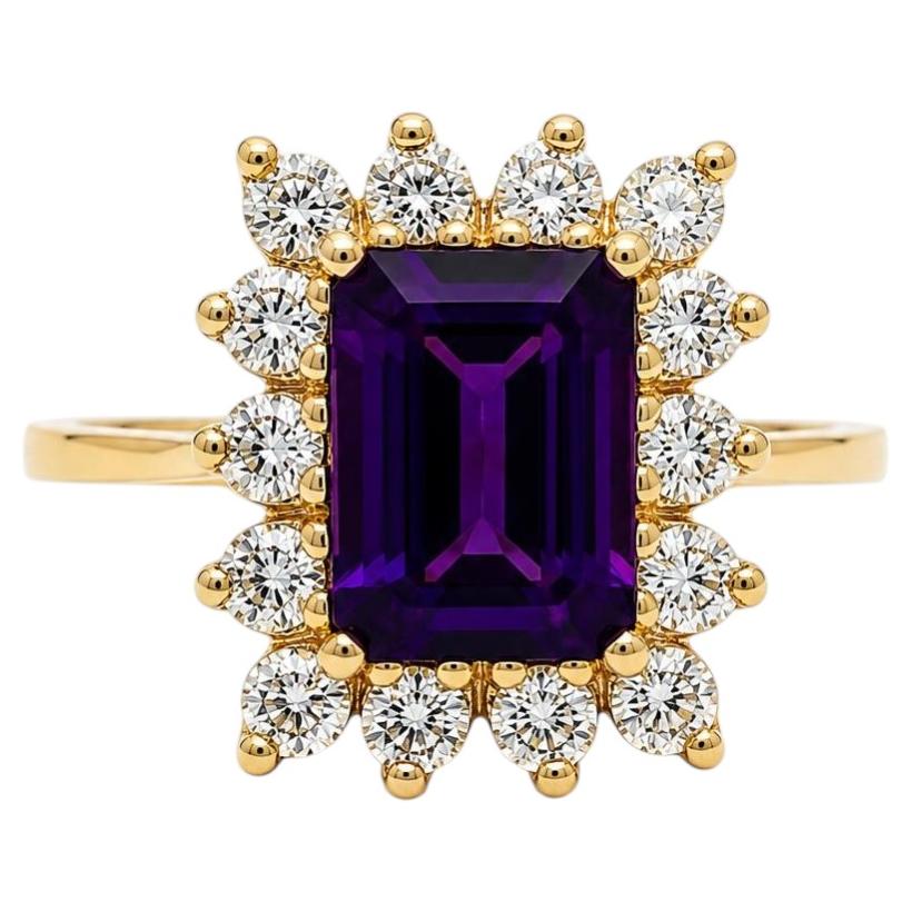 14k Gold Emerald Cut Royal Purple Amethyst w/ Diamond Rectangular Halo Ring For Sale