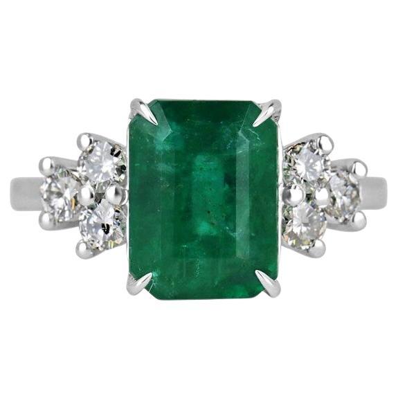 14K Gold Emerald & Diamond 7 Stone Engagement Ring 4.51tcw Dark Green Prong Set For Sale