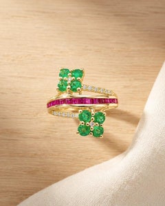 14K Gold Emerald Diamond Bridal Ring Natural Emerald Ruby Diamond Ring For Her
