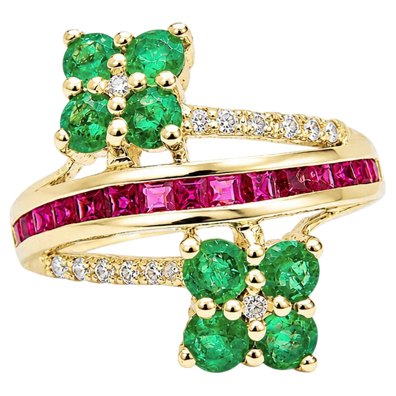 14-karätiger Goldring mit Smaragd und Diamanten – Ring mit natürlichem Smaragd, Rubin und Diamanten für sie im Angebot