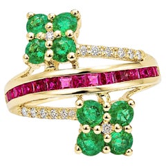 14K Gold Emerald Diamond Bridal Ring Natural Emerald Ruby Diamond Ring For Her
